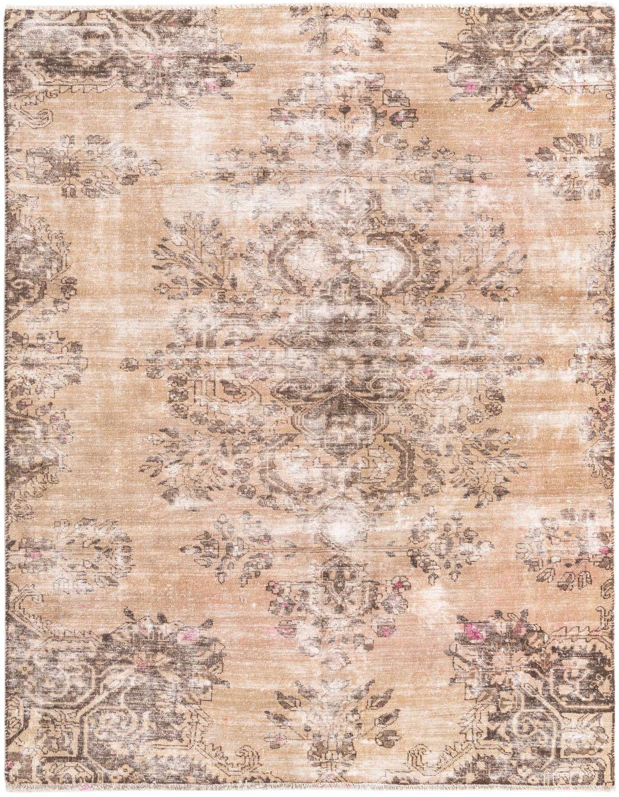 A 5x8 rectangular brown and ivory Persian-style wool rug with a distressed medallion pattern, suitable for a living room.