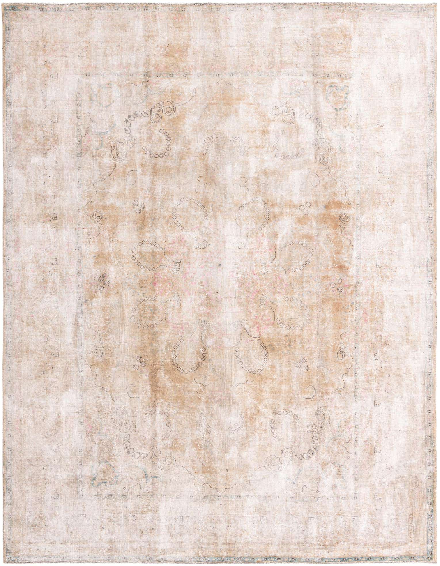 A 10x13 rectangular Ultra Vintage wool rug featuring a faded Persian medallion pattern in browns, tans, and ivories.