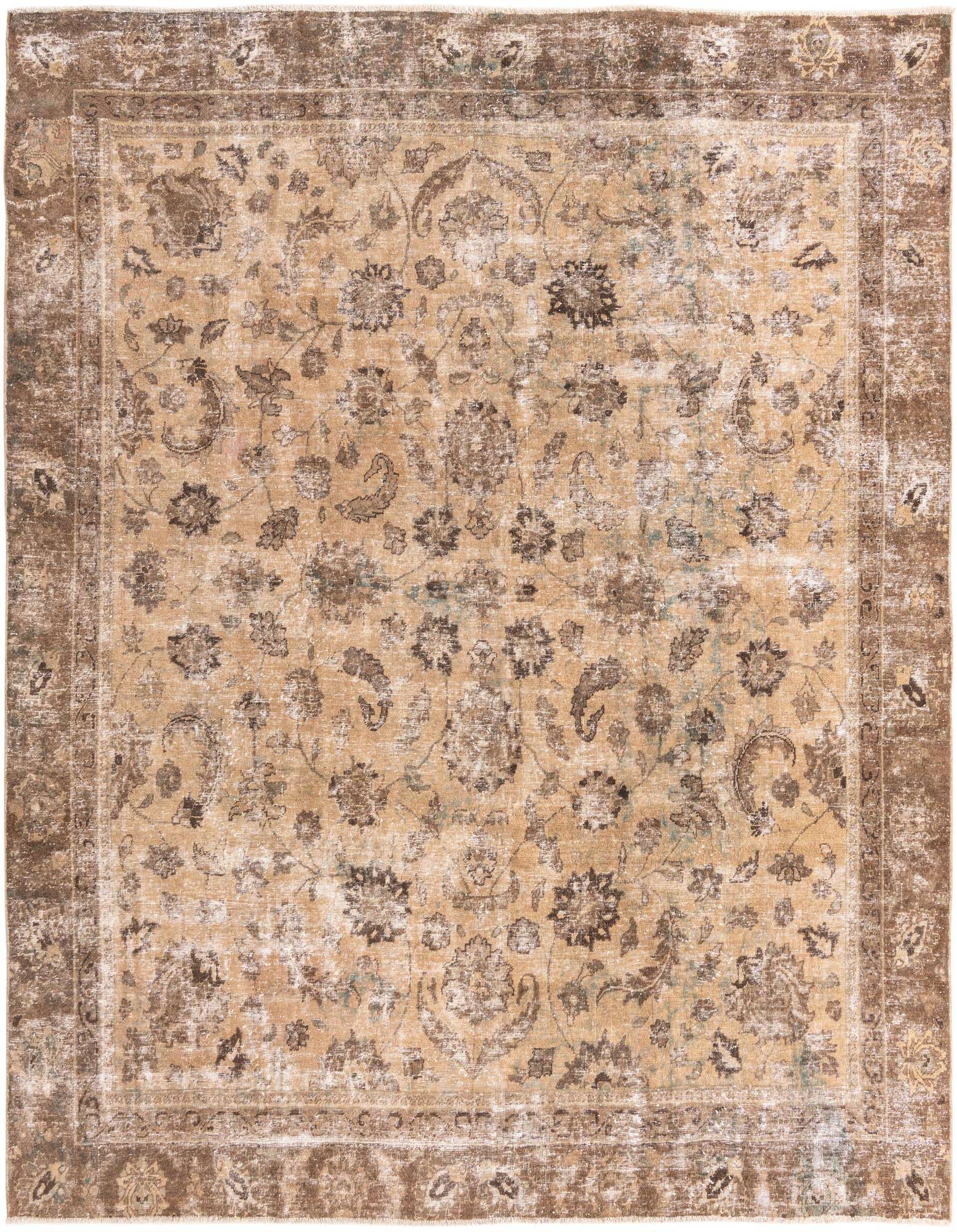 A 9x11 rectangular Ultra Vintage wool rug in browns and tans with a distressed Persian floral pattern.