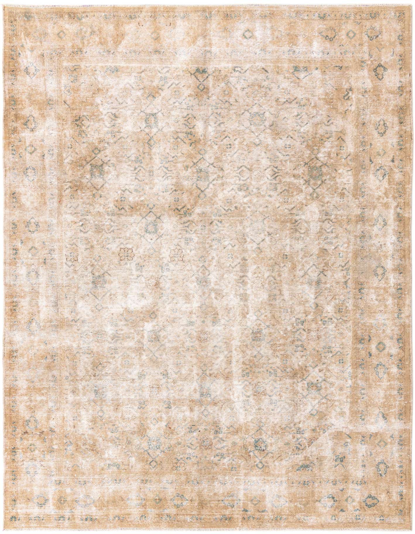 A 7x10 rectangular Ultra Vintage wool rug in shades of brown, tan, and cream with a distressed Persian pattern.