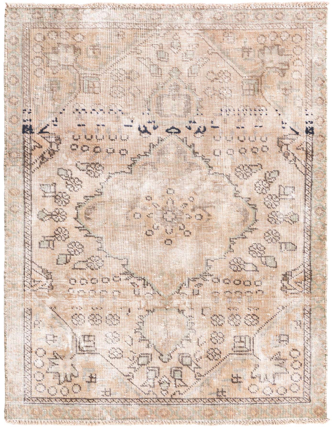 A 3x5 rectangular brown and ivory vintage Persian wool rug with a faded medallion pattern.