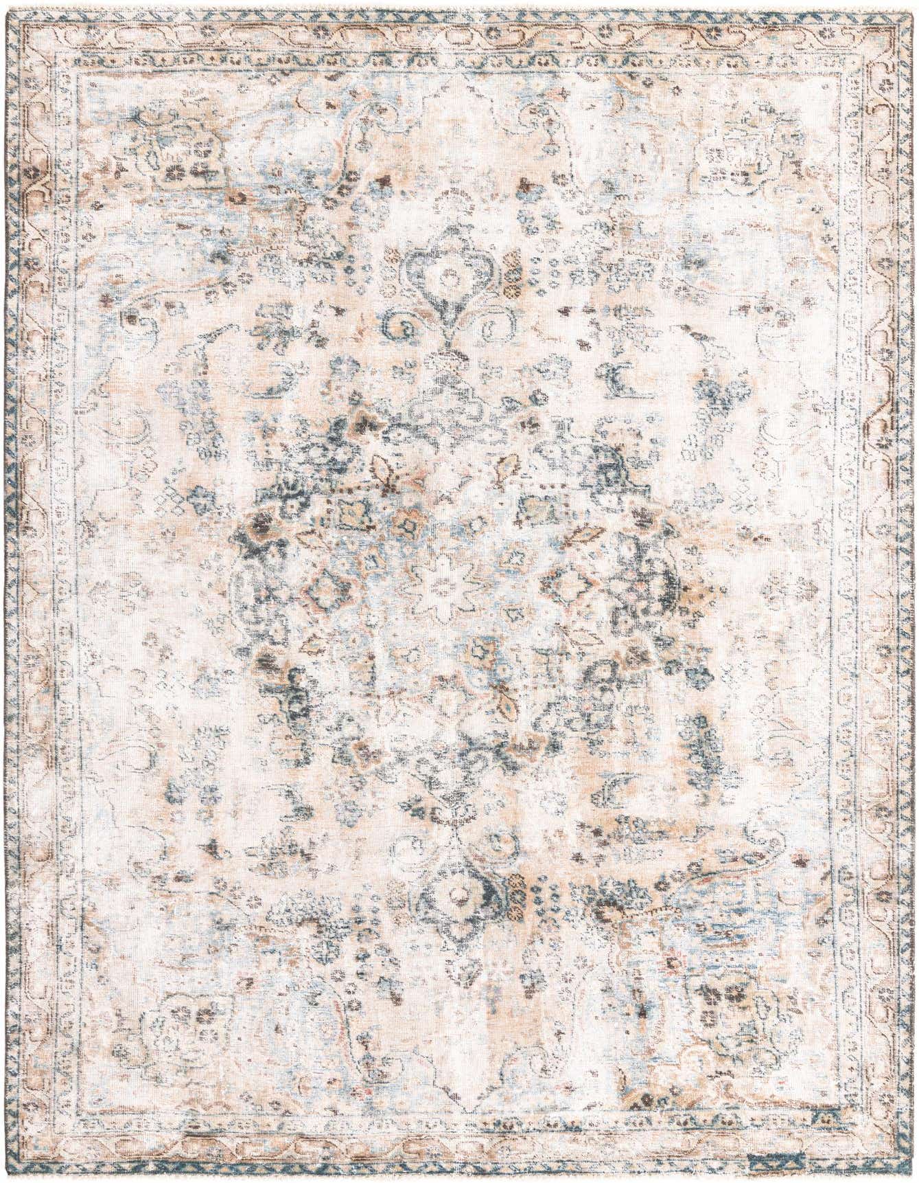 A 6x9 rectangular Rugs.com Ultra Vintage rug with distressed Persian medallion patterns in brown, tan, and cream.