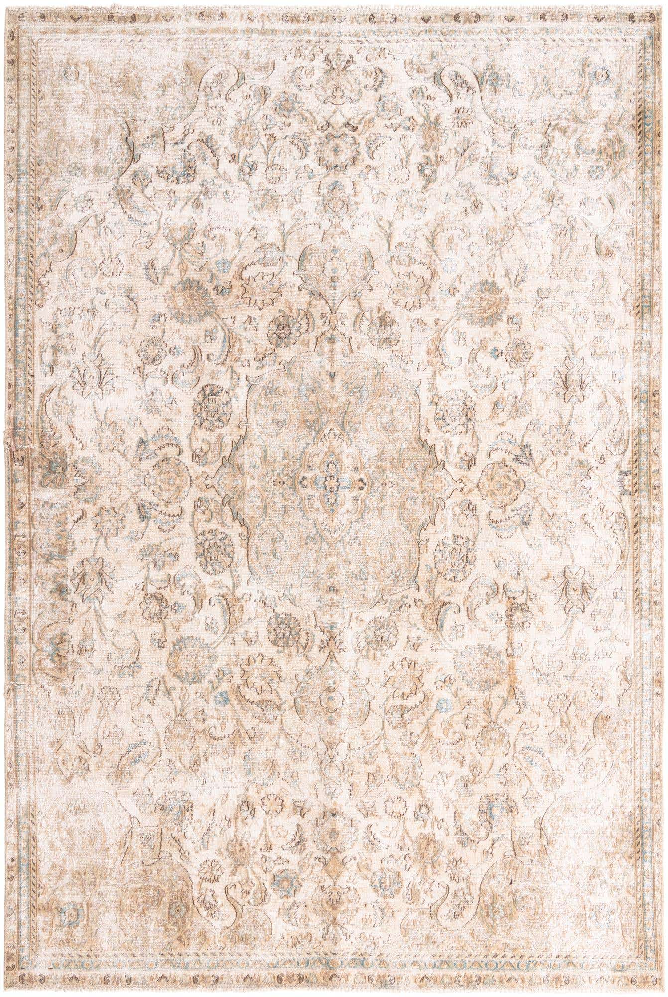 A 7x10 rectangular Ultra Vintage wool rug with a distressed Persian medallion pattern in browns, tans, and creams.