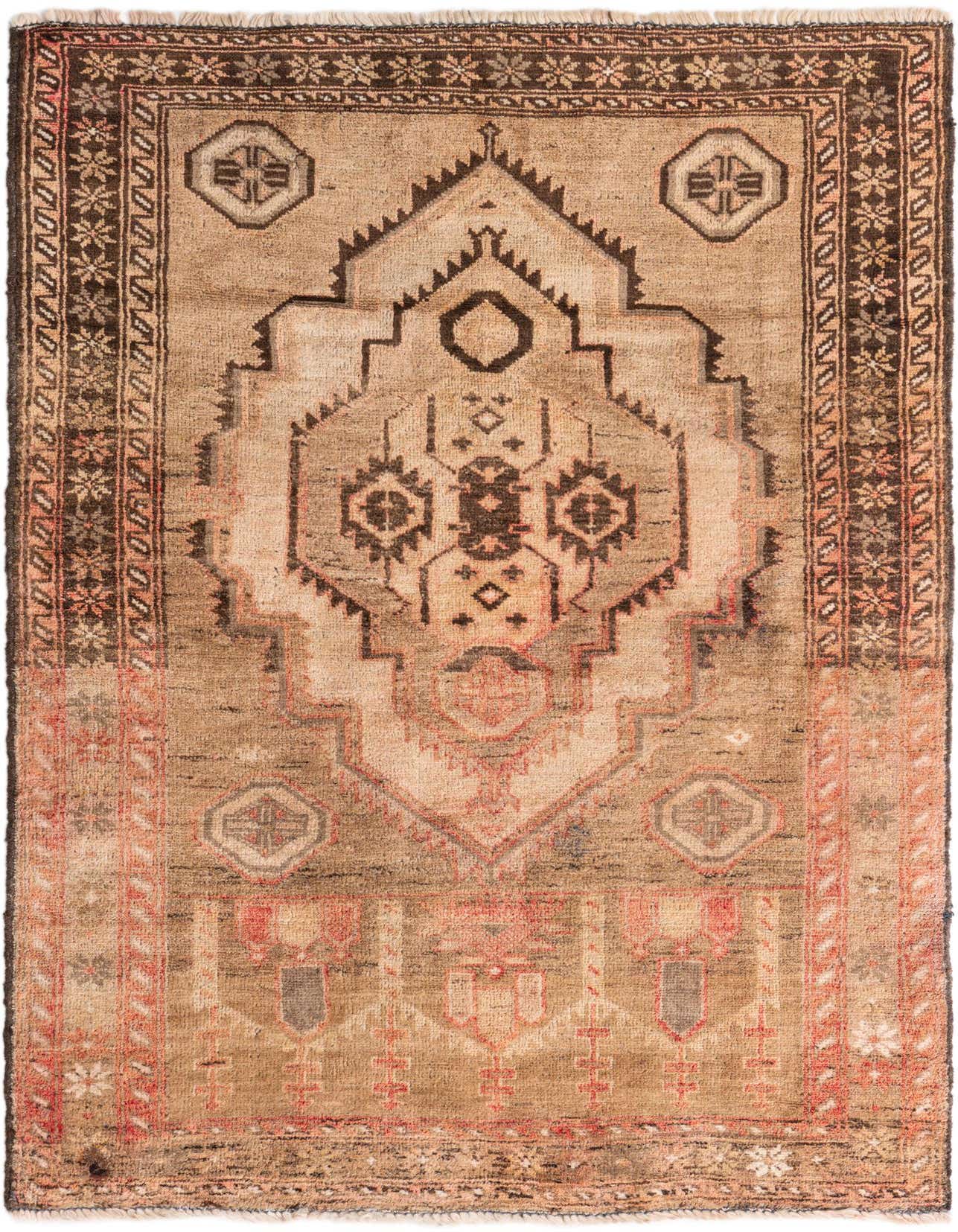 A rectangular 3x5 Ultra Vintage wool rug in browns, tans, and ivories, featuring a central medallion and Persian-inspired patterns.