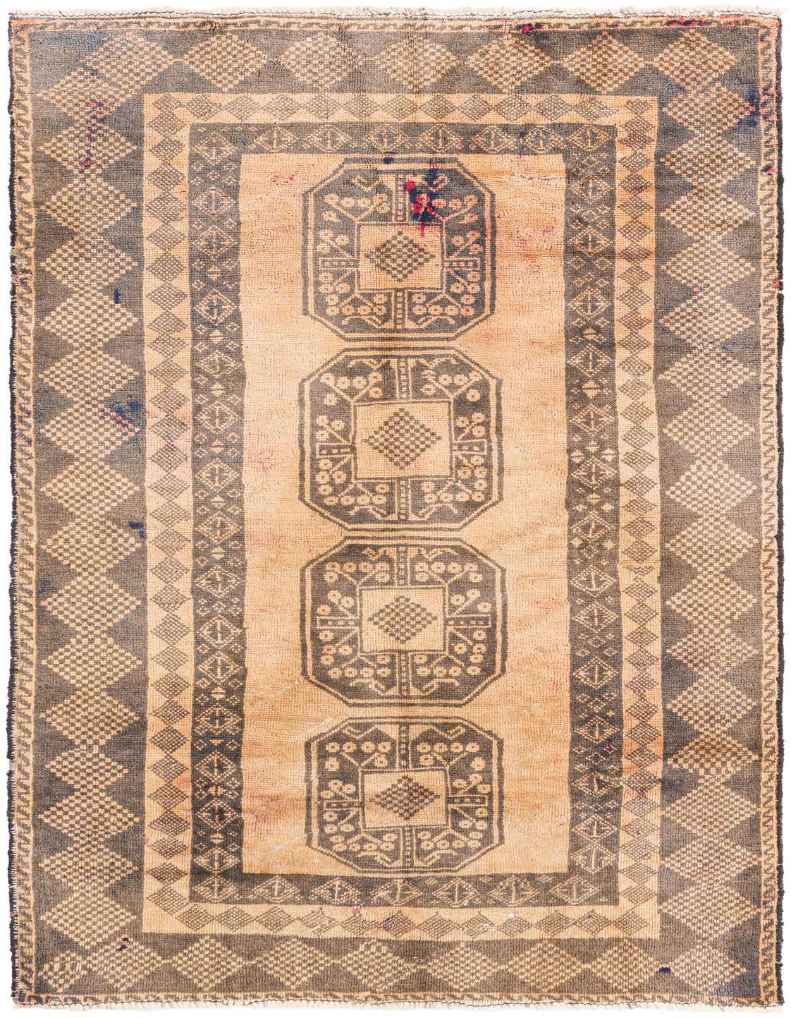 A 4x6 rectangular Ultra Vintage wool rug featuring a central panel with three octagonal medallions in dark brown on a light tan background, framed by a patterned border.
