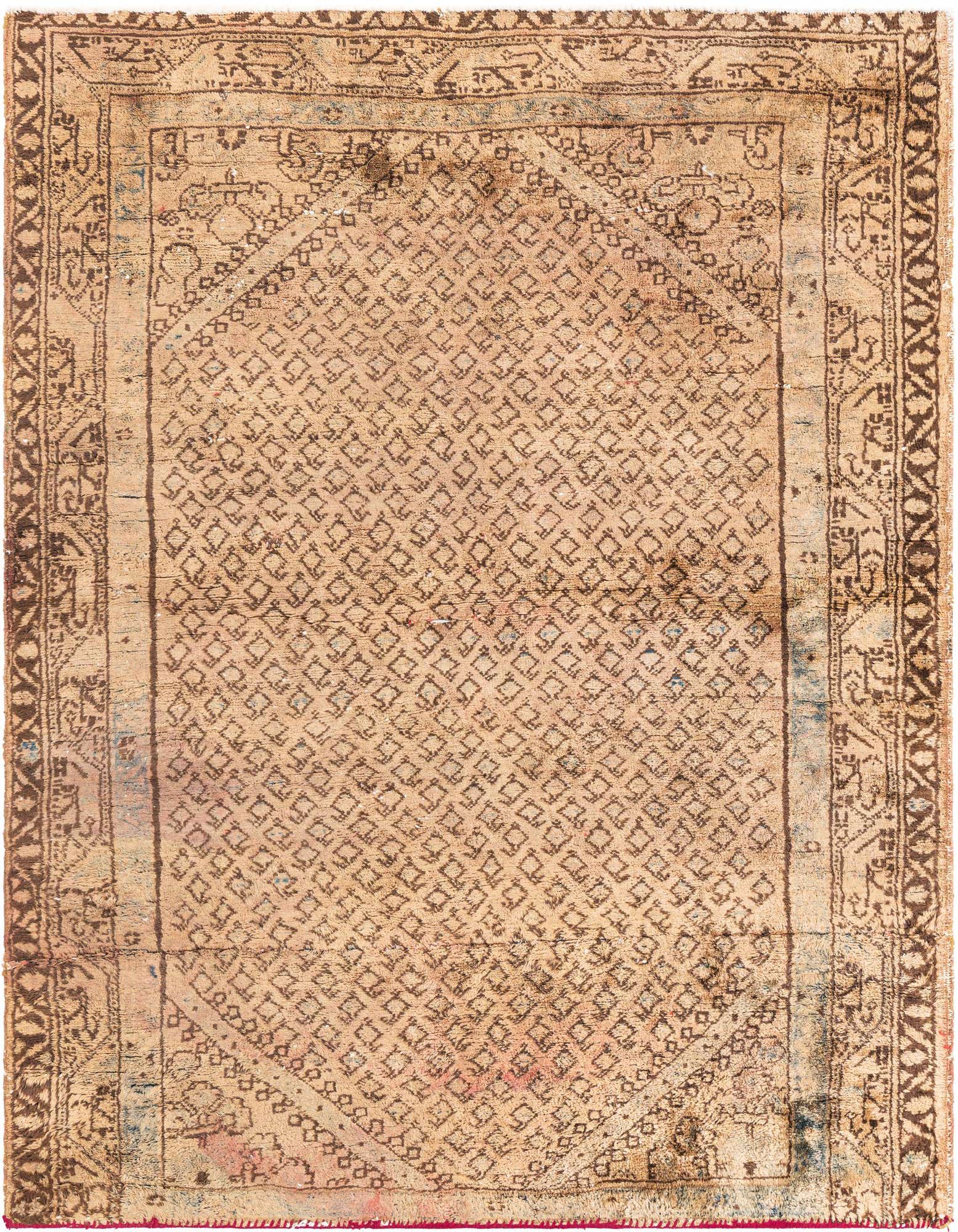 A 4x6 rectangular brown and tan Persian wool rug with a distressed diamond pattern and intricate border.