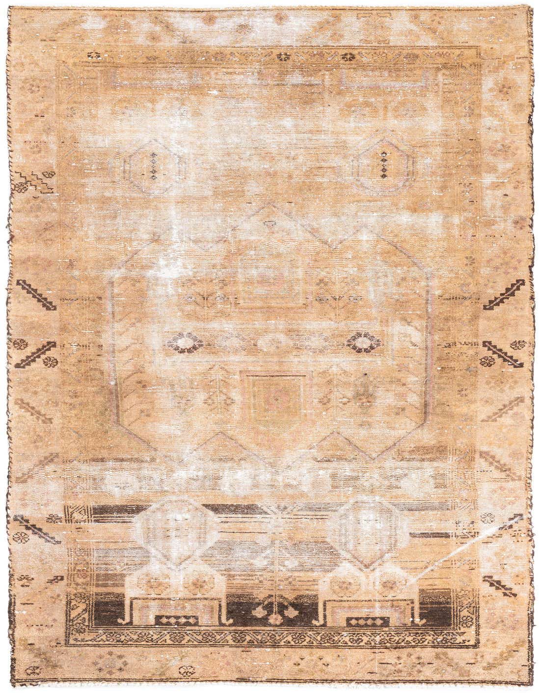 A 5x8 rectangular Ultra Vintage wool rug in shades of brown and tan with a distressed Persian pattern.