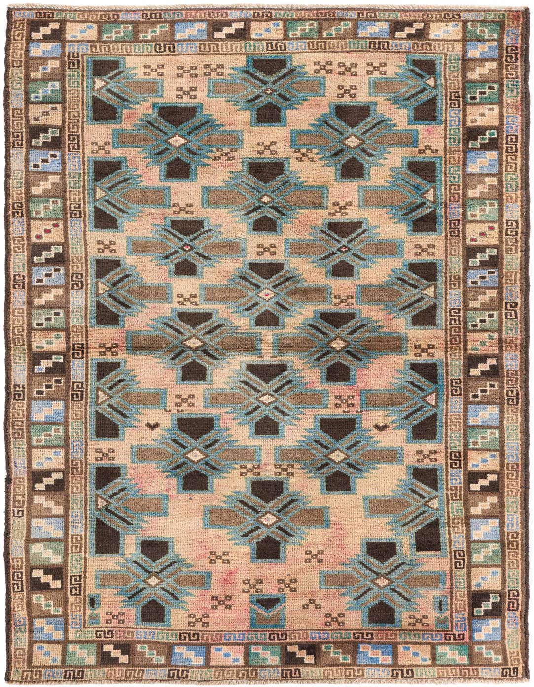 A 4x6 rectangular Ultra Vintage wool rug featuring a geometric Persian pattern in browns, tans, ivories, and subtle blues.