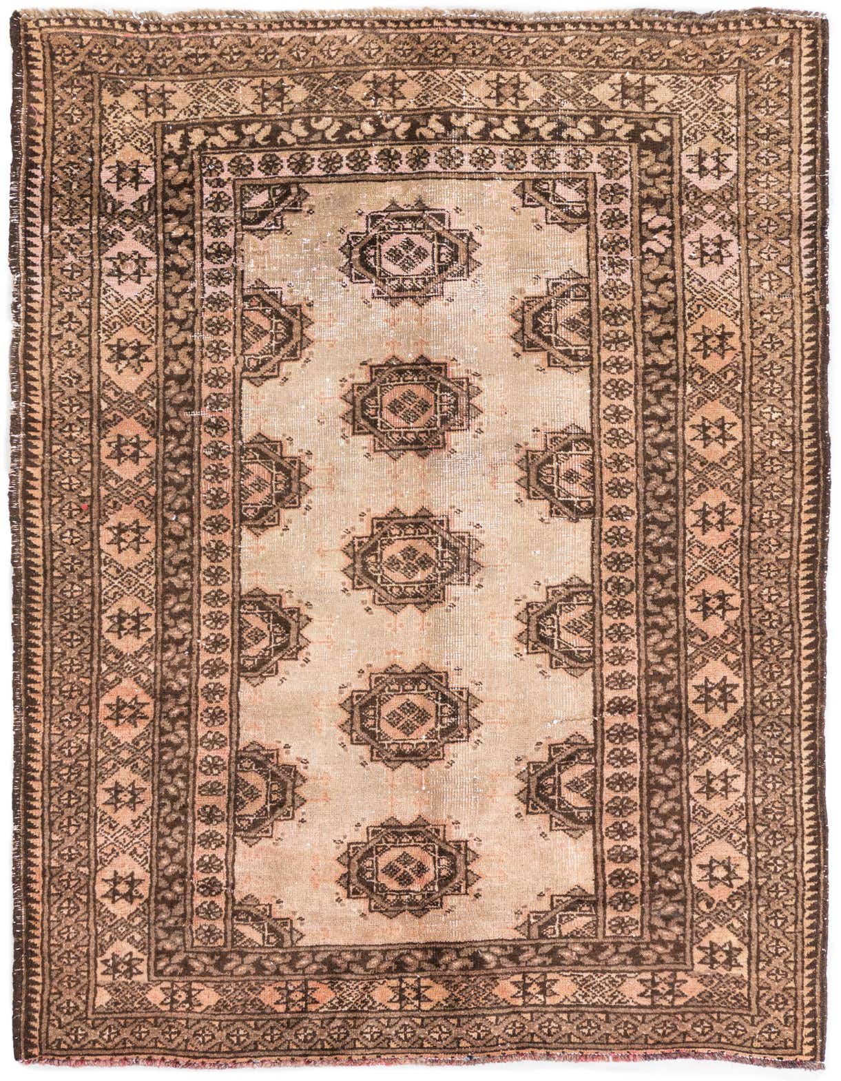 A 4x6 rectangular Ultra Vintage Persian rug with a faded tan and cream field and intricate brown geometric patterns.