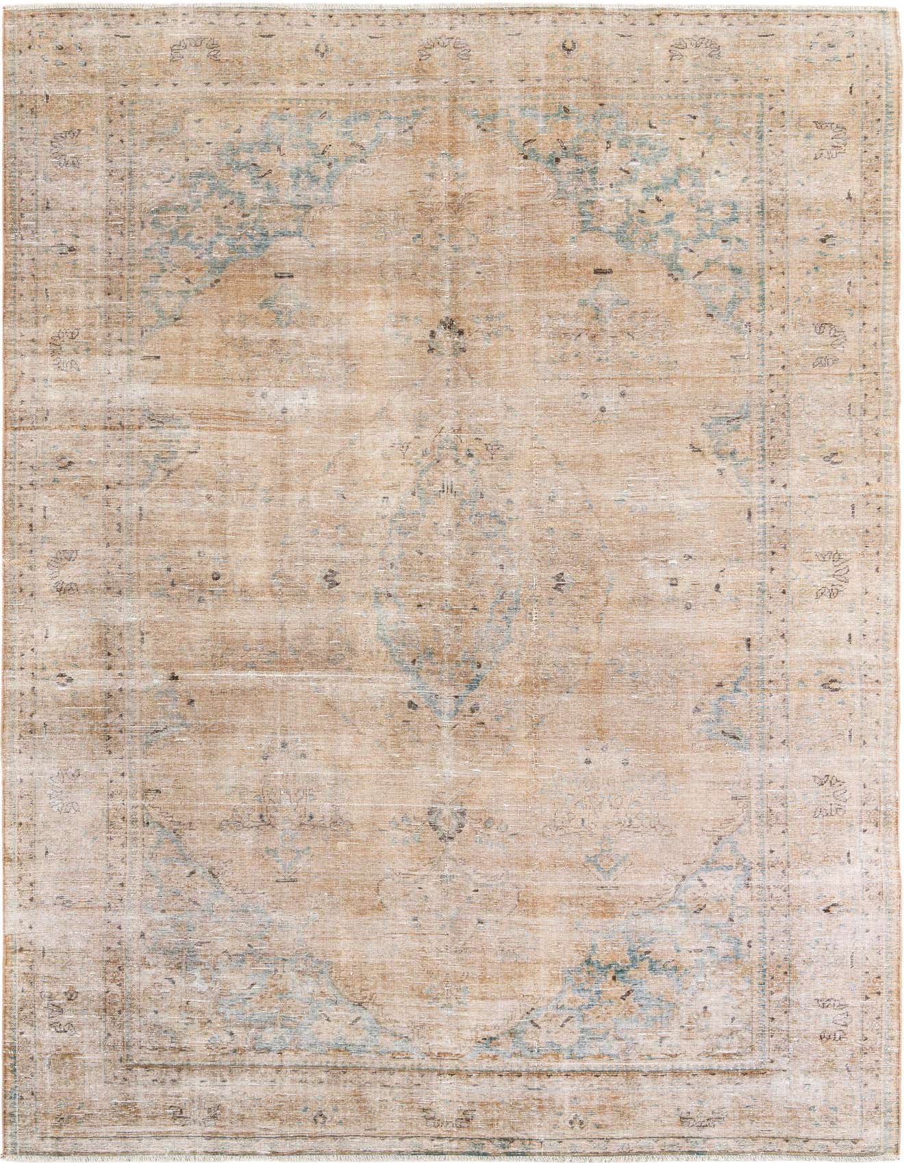 A 7x10 rectangular Ultra Vintage rug with a distressed Persian medallion pattern in brown, tan, and cream tones.