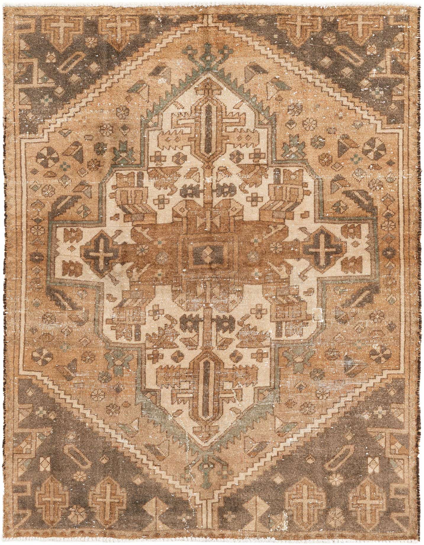 A 4x6 rectangular Ultra Vintage wool rug featuring a distressed Persian medallion pattern in browns, tans, and ivories.