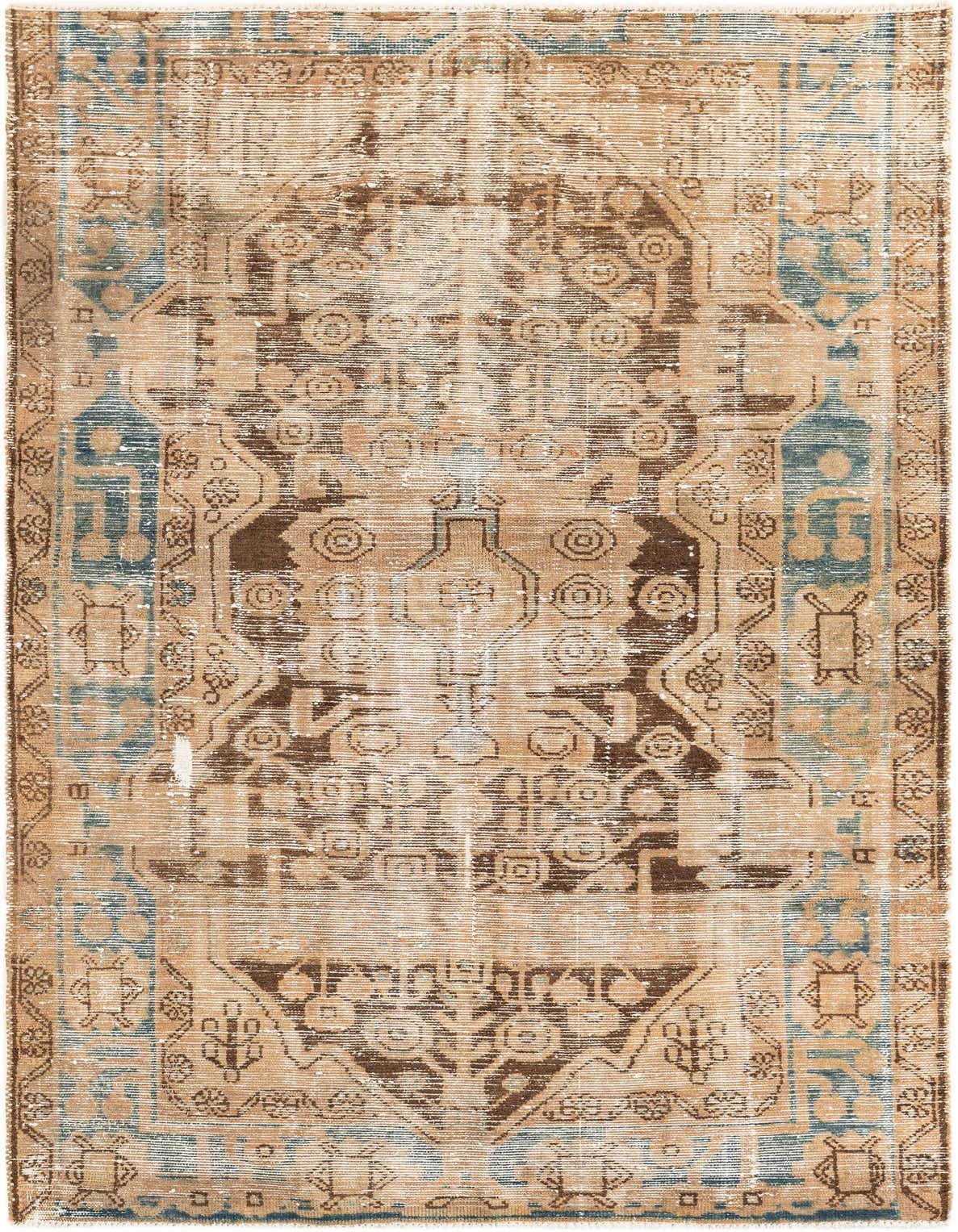 A 4x6 rectangular brown and ivory wool rug with a distressed Persian medallion pattern and blue accents.