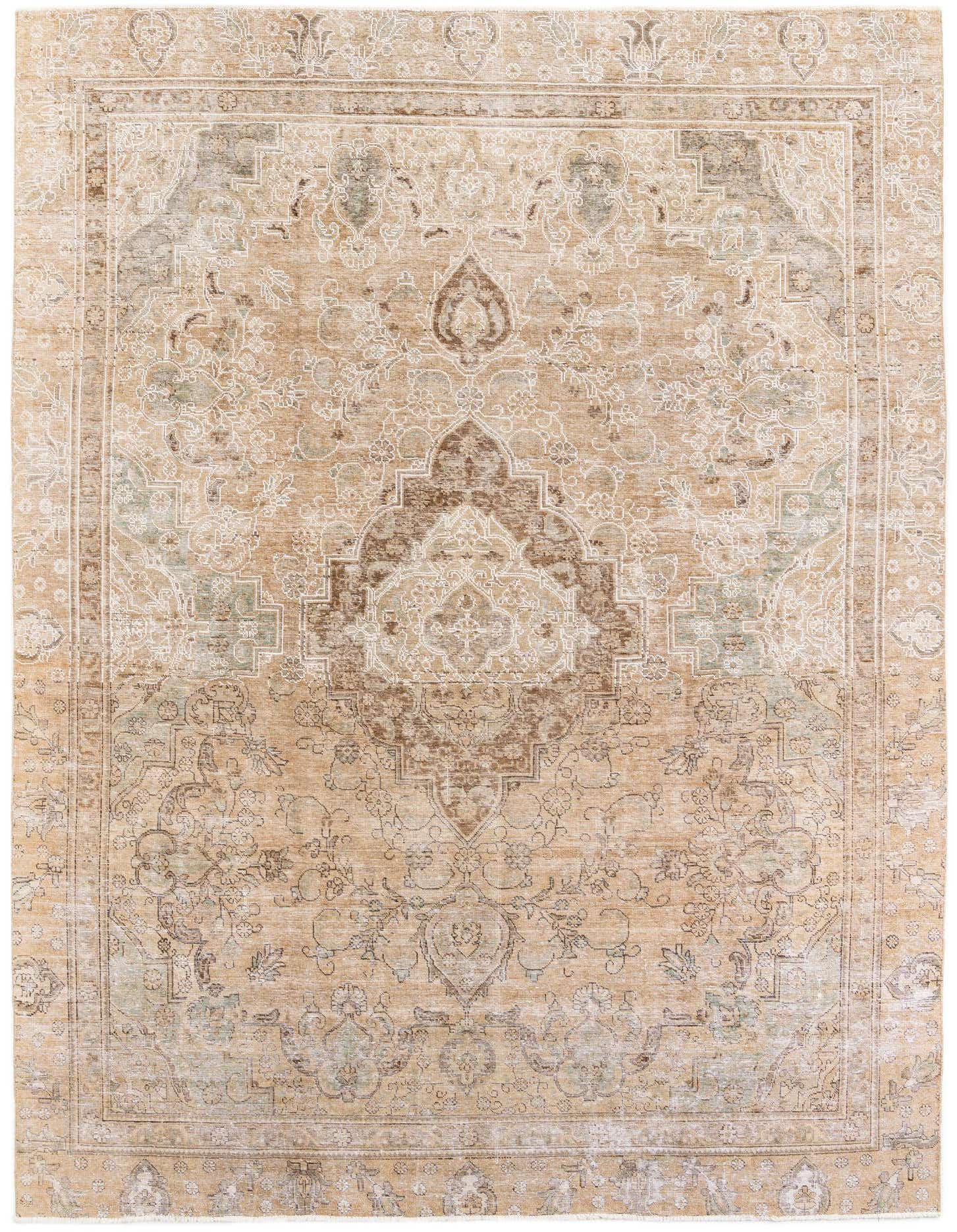 A 9x12 rectangular Ultra Vintage rug featuring a faded Persian medallion pattern in tans, browns, and creams.