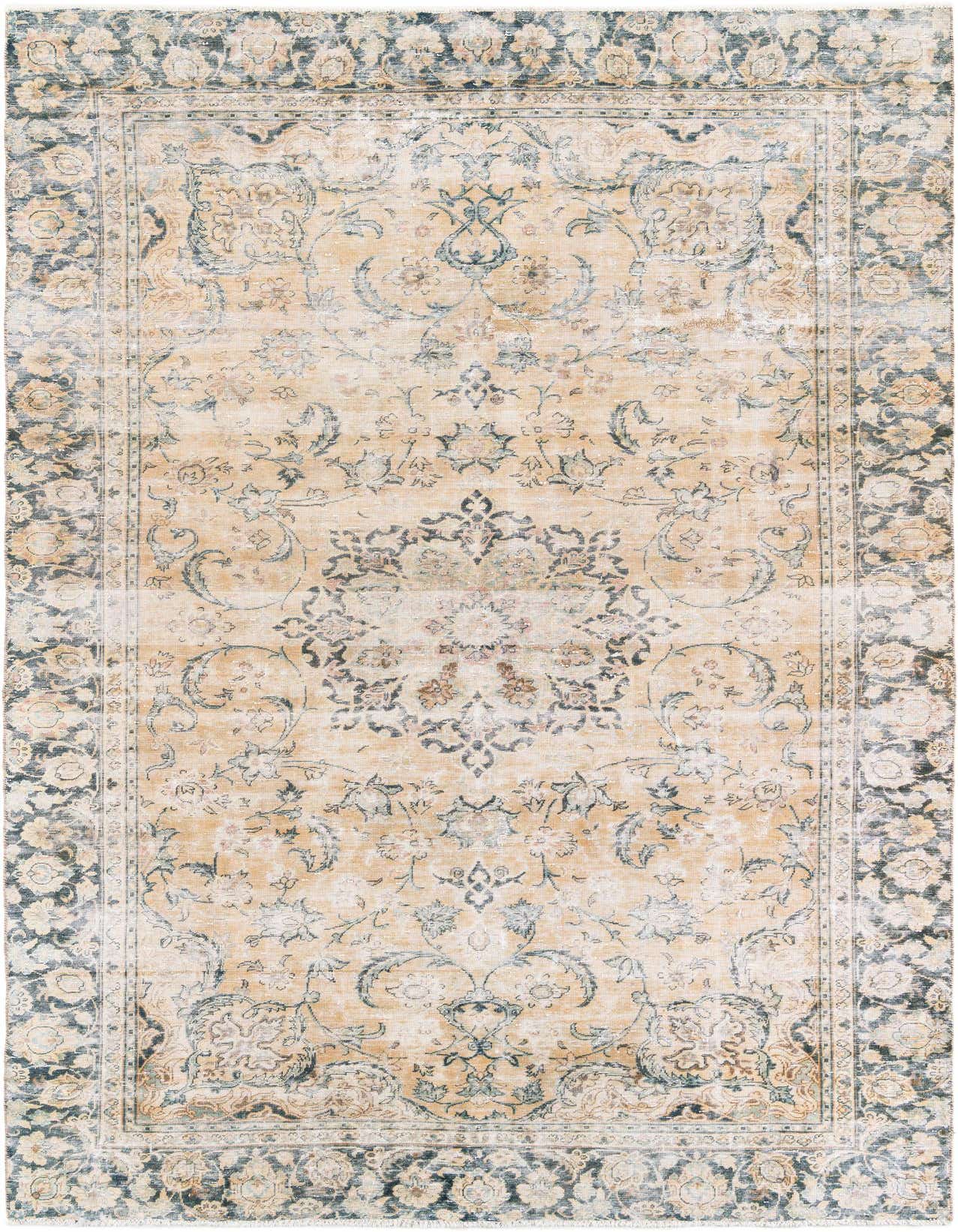 A 7x10 rectangular Ultra Vintage wool rug with a distressed Persian medallion pattern in shades of brown, tan, and cream.