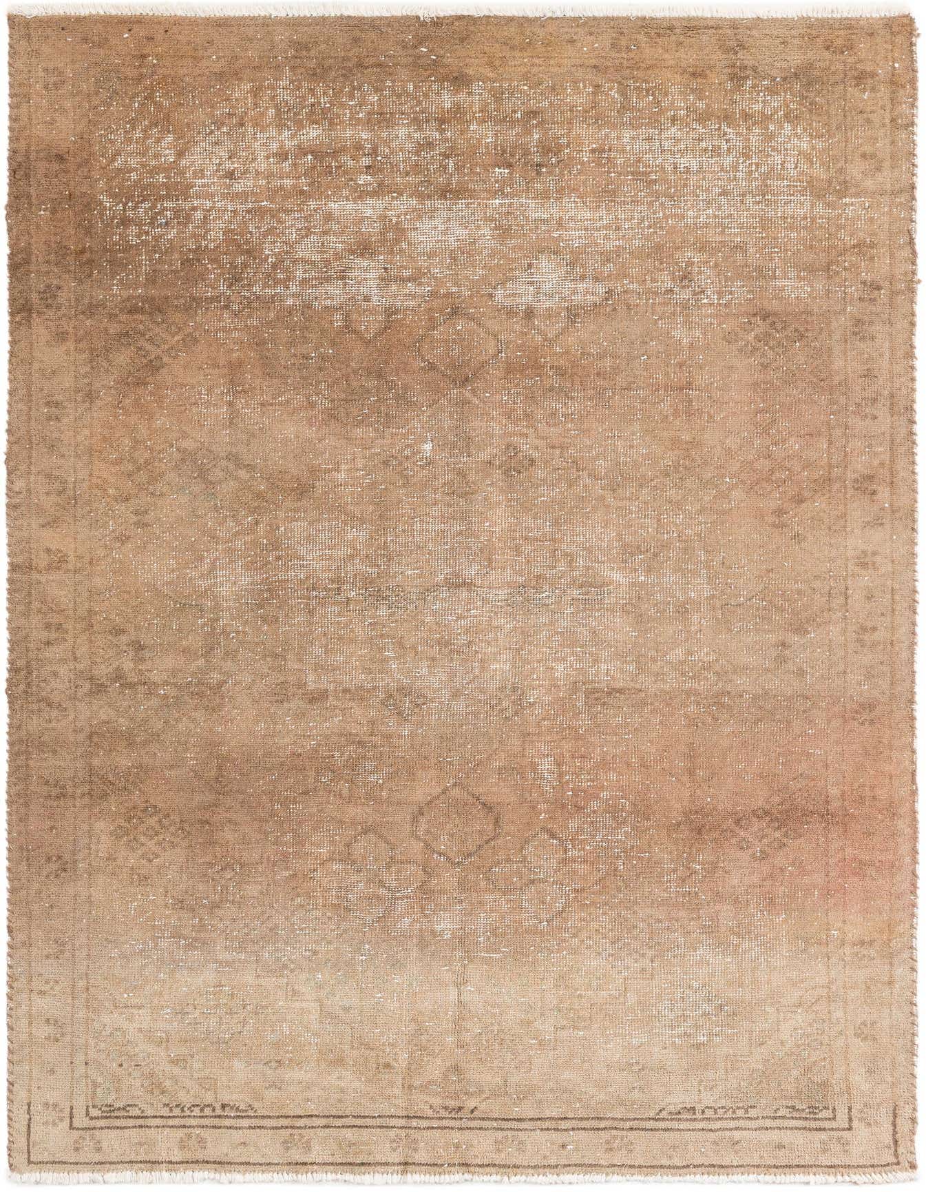 A 4x6 rectangular brown and tan Persian-style wool rug with a distressed vintage pattern and fringe edges.