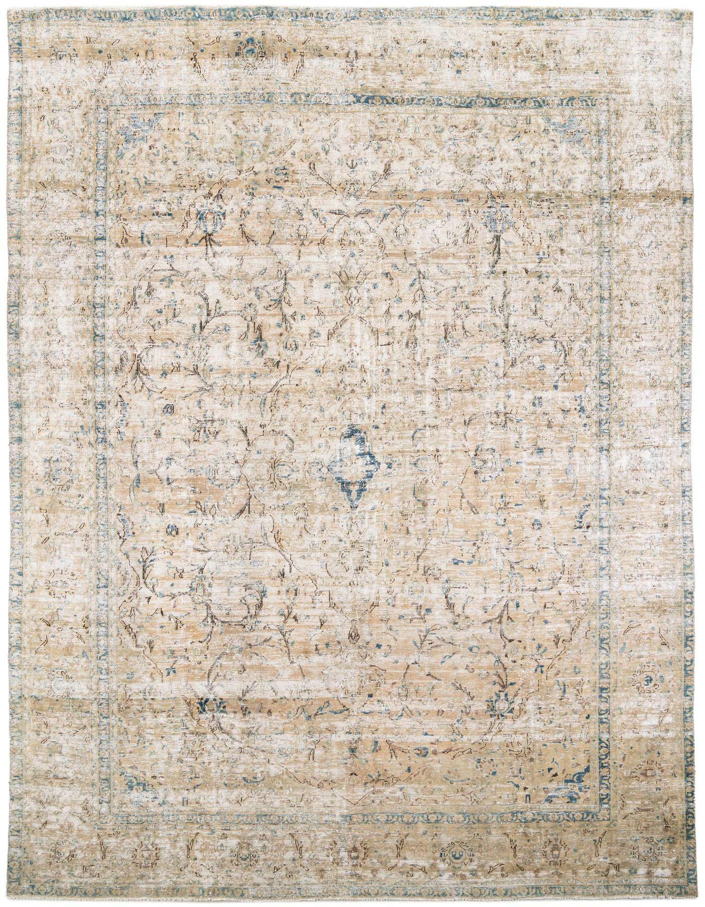 A 9x12 rectangular Ultra Vintage rug in brown and ivory, featuring a distressed Persian medallion pattern with hints of blue.