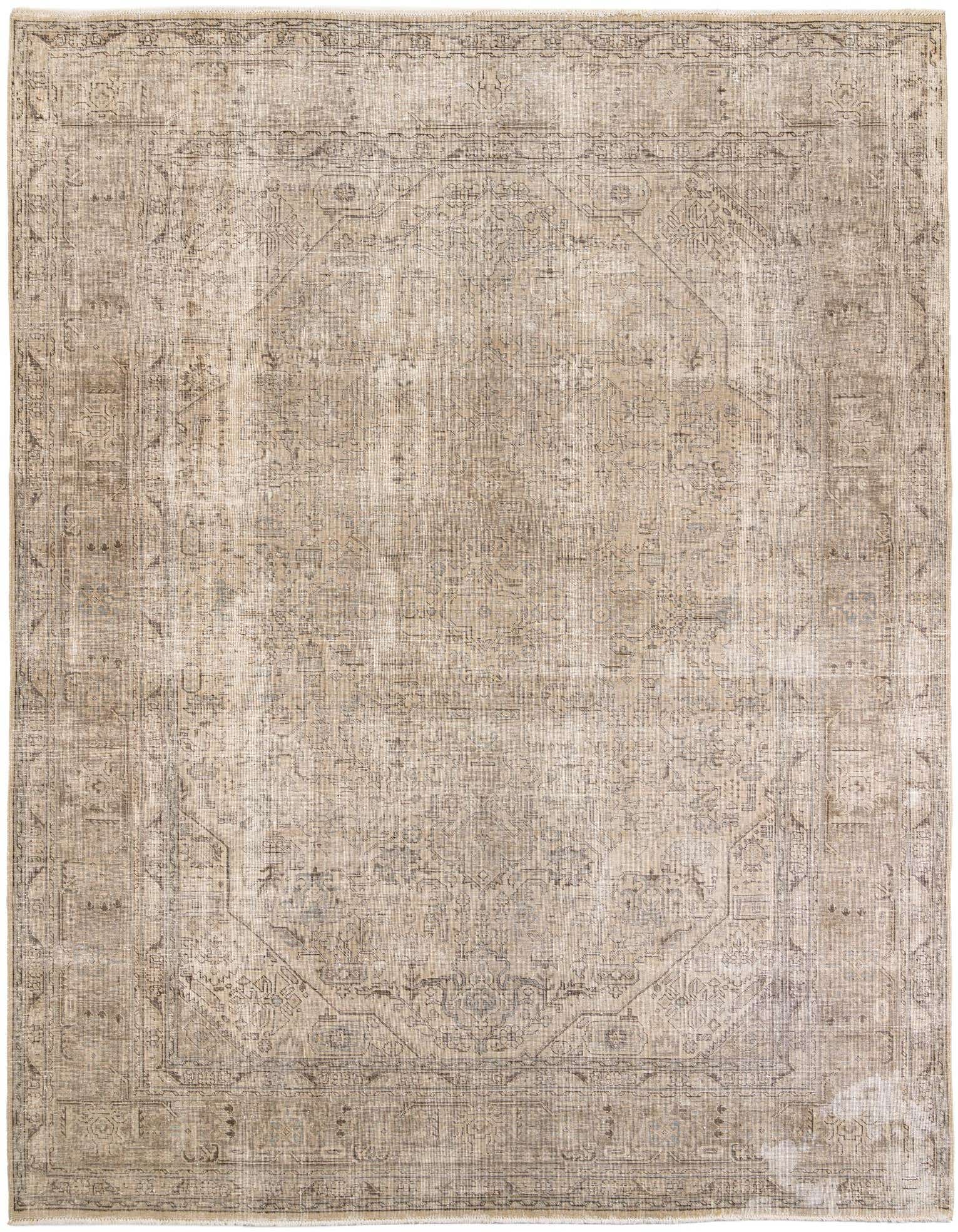 A 10x13 rectangular brown and tan Persian-style wool rug with a distressed medallion pattern, perfect for a living room.