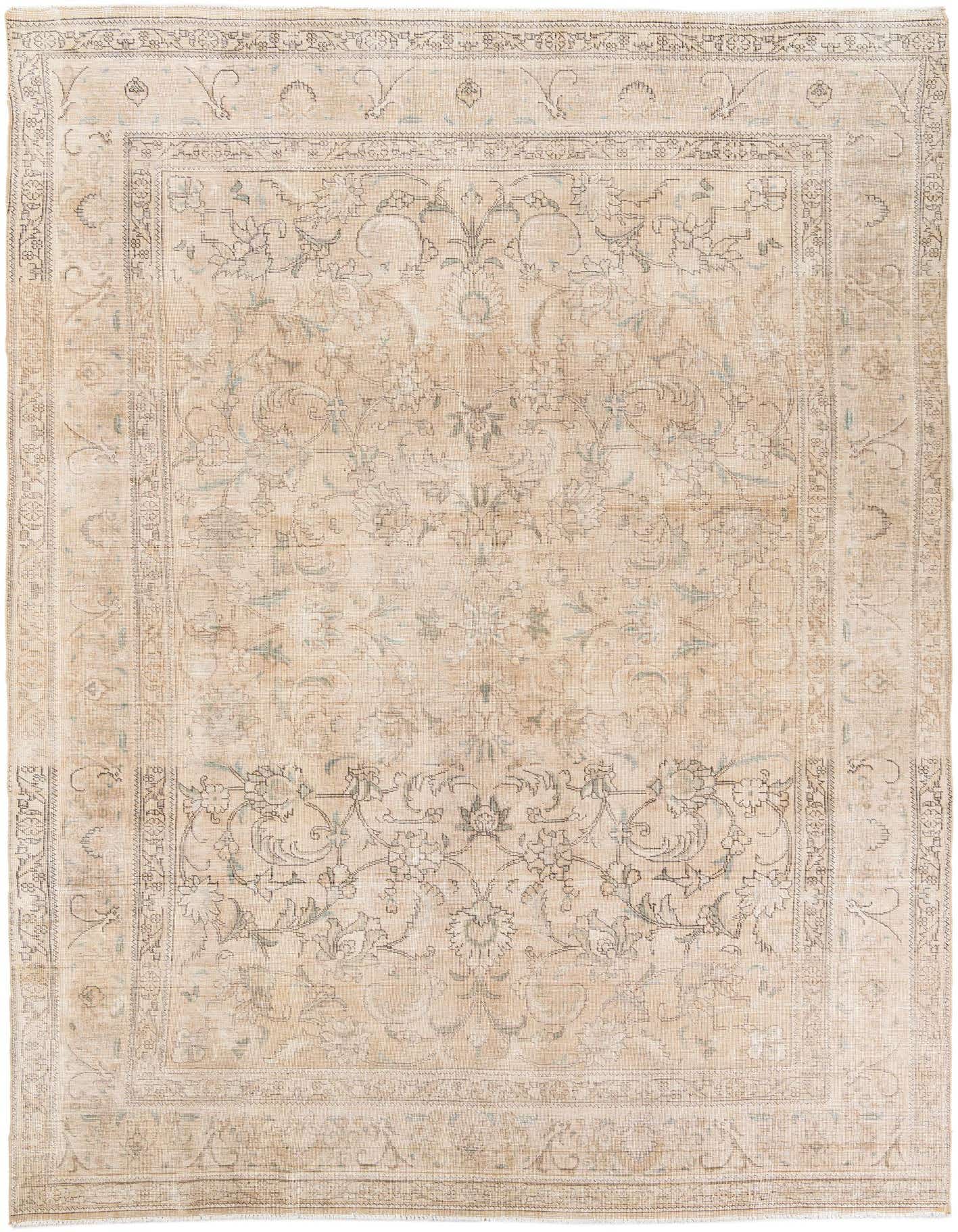 An 8x11 rectangular Ultra Vintage wool rug in shades of brown and ivory, featuring a faded Persian medallion and floral pattern, ideal for a living room.