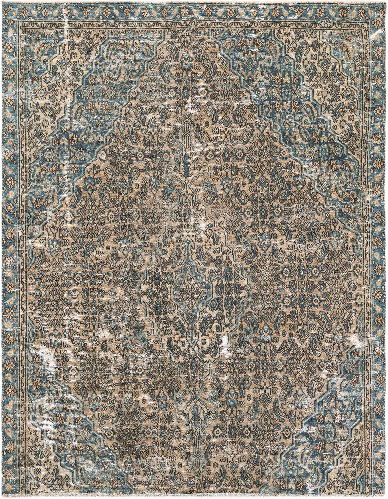 A 6x9 rectangular Ultra Vintage Persian rug in browns, tans, and ivories, featuring a distressed medallion pattern.