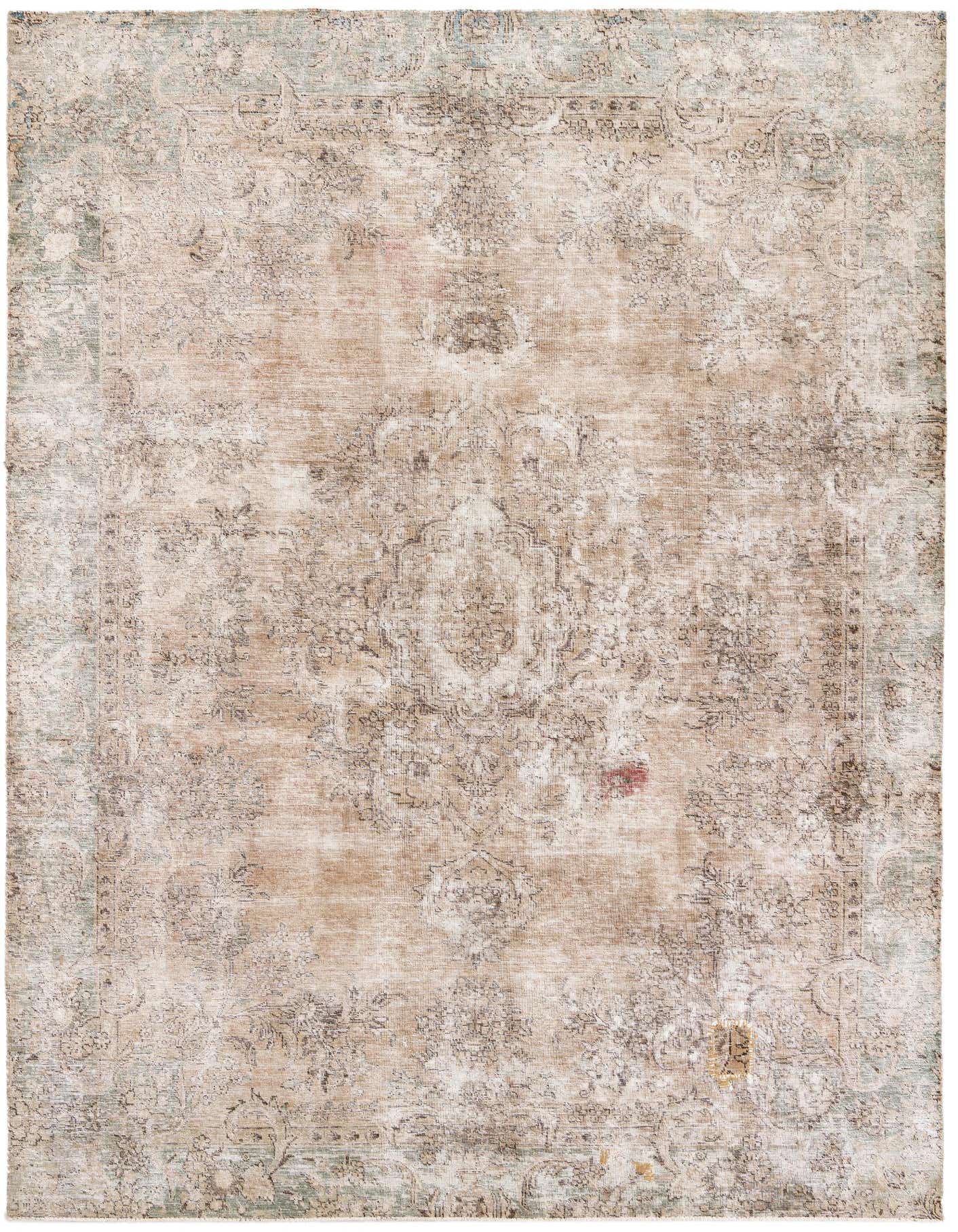 A 7x10 rectangular Ultra Vintage wool rug in browns, tans, and ivories, featuring a faded Persian medallion pattern.