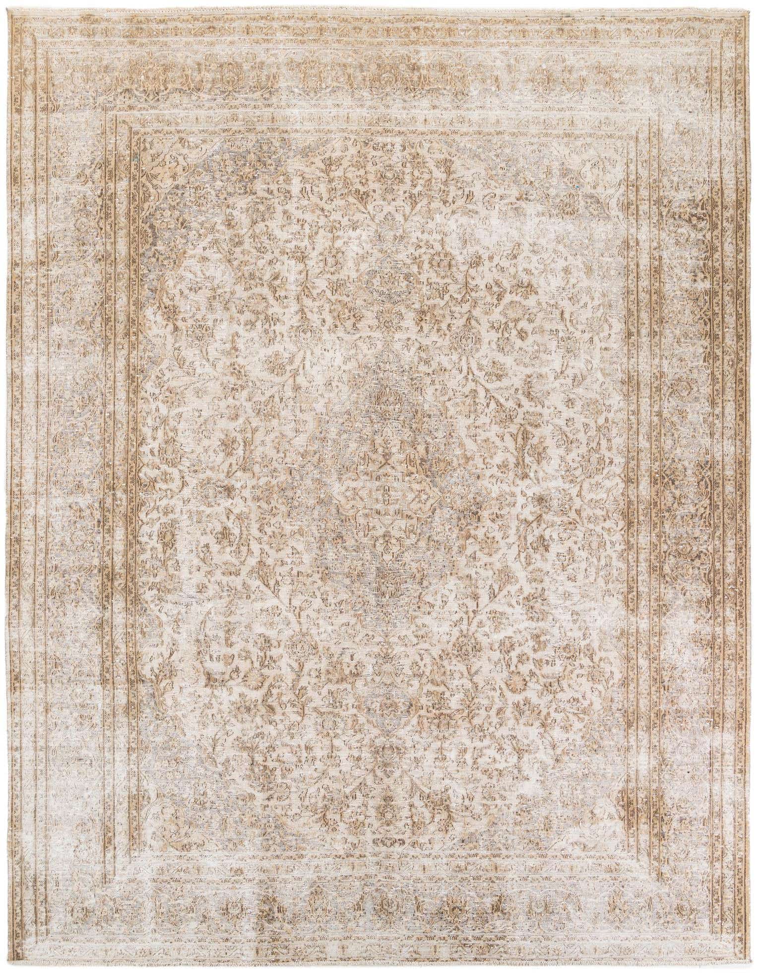 A 10x13 rectangular Ultra Vintage wool rug in shades of brown and ivory with a distressed Persian medallion pattern.