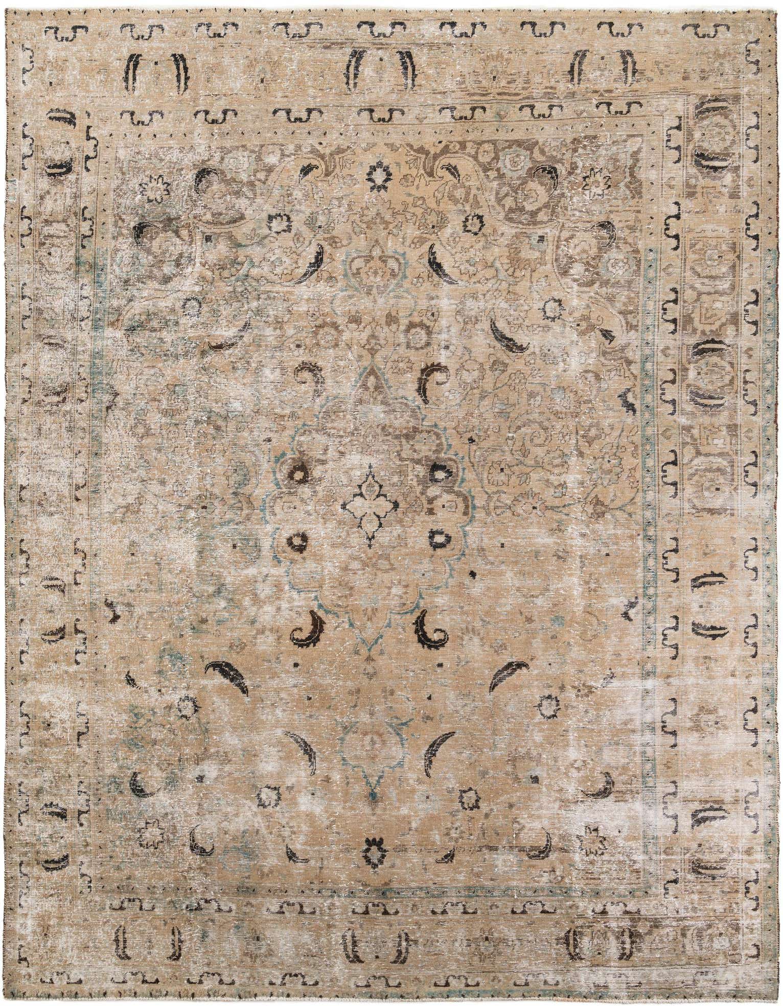A 10x12 rectangular Ultra Vintage wool rug with a distressed Persian pattern in browns, tans, and creams.