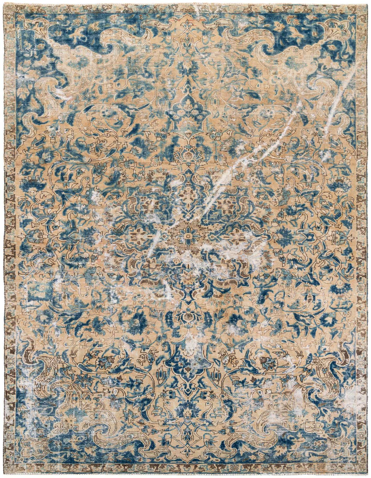 A 9x11 rectangular Ultra Vintage rug with a distressed Persian medallion pattern in shades of brown, tan, and cream.