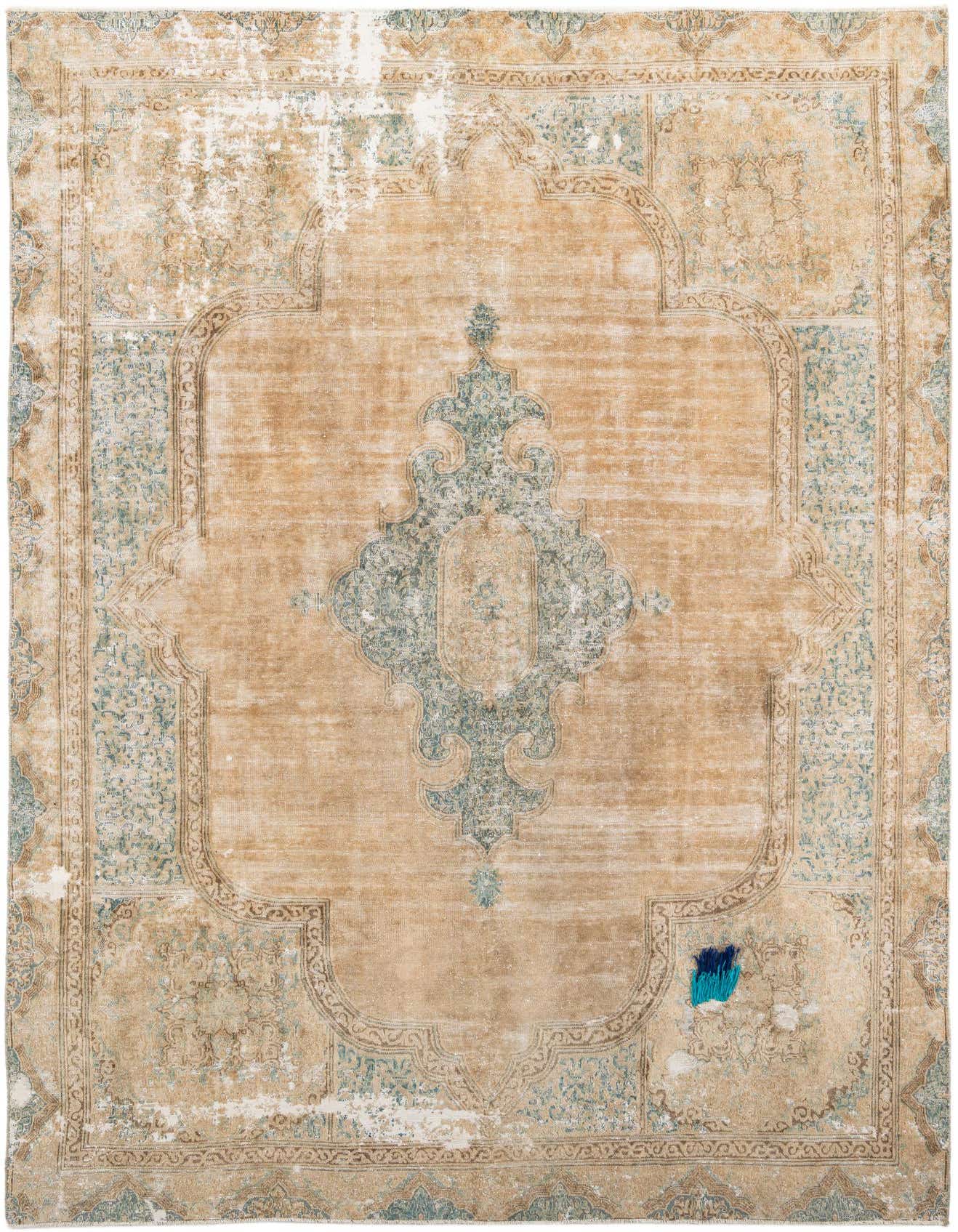 An 8x12 rectangular Ultra Vintage wool rug featuring a distressed Persian medallion pattern in browns, tans, and ivories with teal accents.