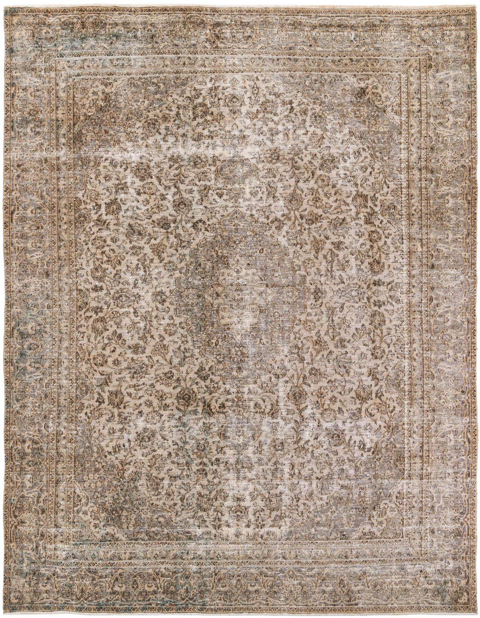 A 9x12 rectangular Ultra Vintage wool rug in browns, tans, and ivories, featuring a faded Persian medallion pattern.
