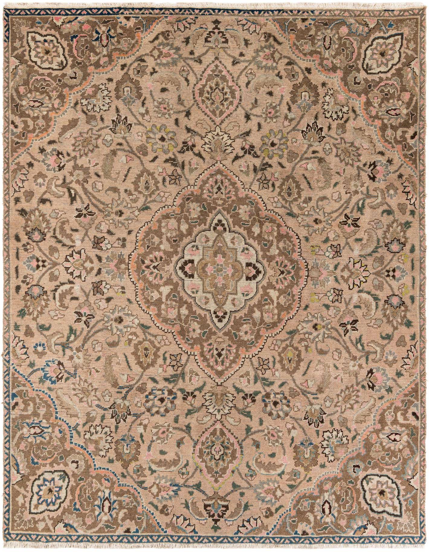 A 7x10 rectangular Ultra Vintage wool rug with a Persian medallion pattern in browns, tans, and creams.