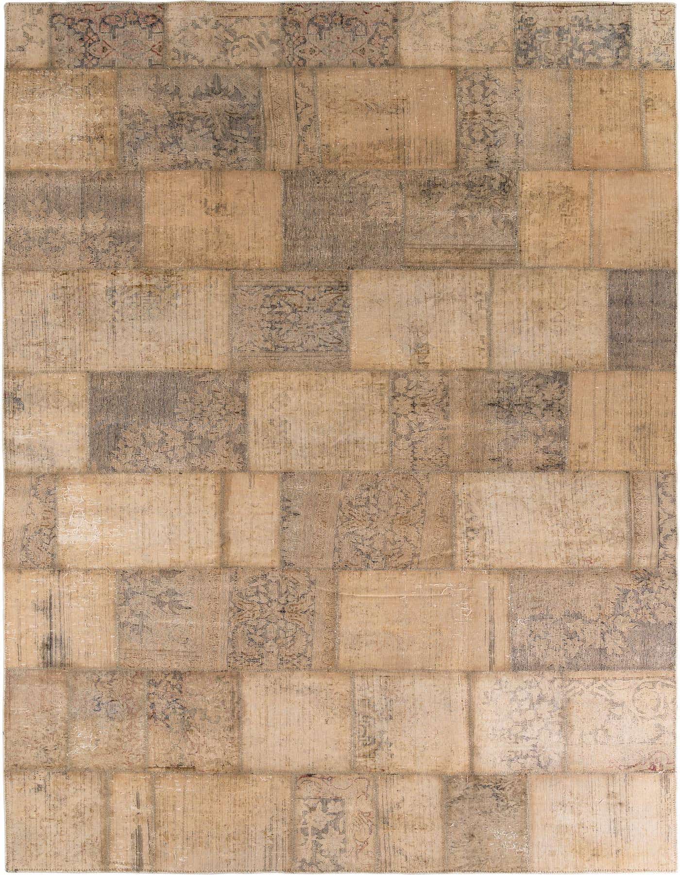 A rectangular 8x12 Ultra Vintage wool rug featuring a patchwork design in varying shades of brown, tan, and cream.