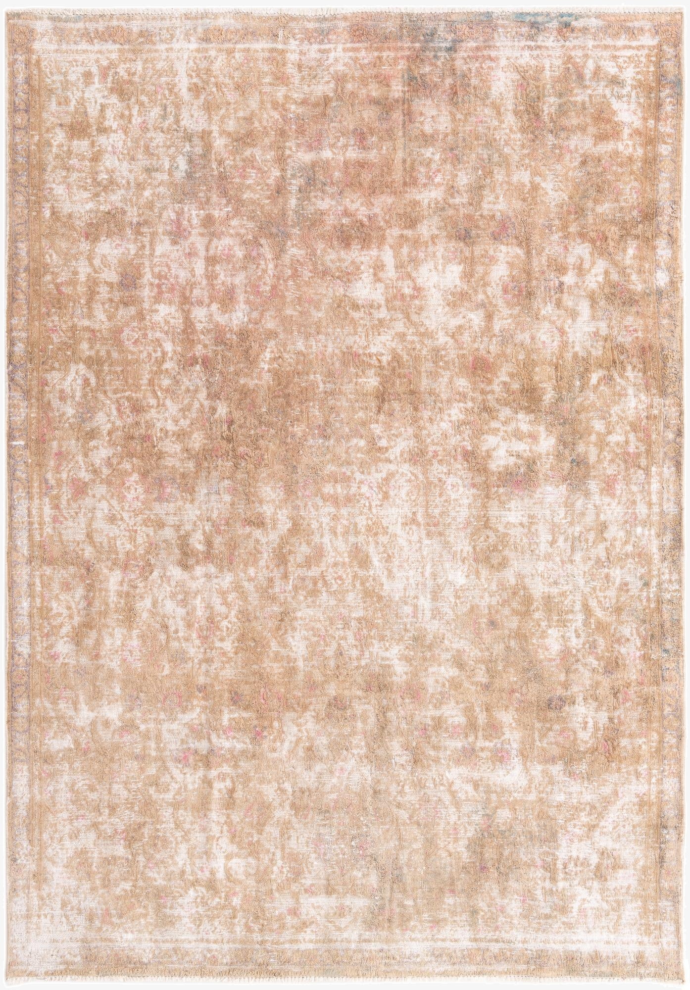 A 7x10 rectangular Ultra Vintage rug in shades of brown, tan, and cream with a faded Persian medallion pattern.