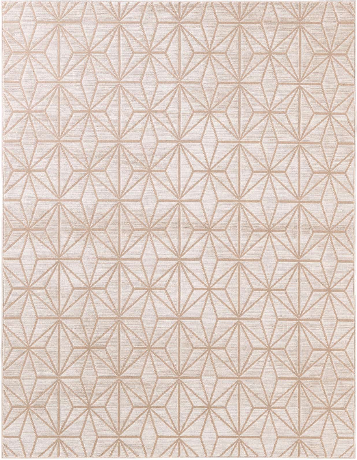 A 5x8 rectangular indoor rug featuring a modern geometric pattern in brown and ivory tones.