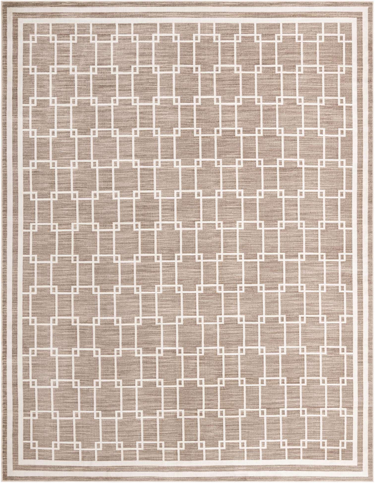 A 10x13 rectangular Uptown Collection rug in brown and ivory, featuring a modern geometric grid pattern with a thin pile.
