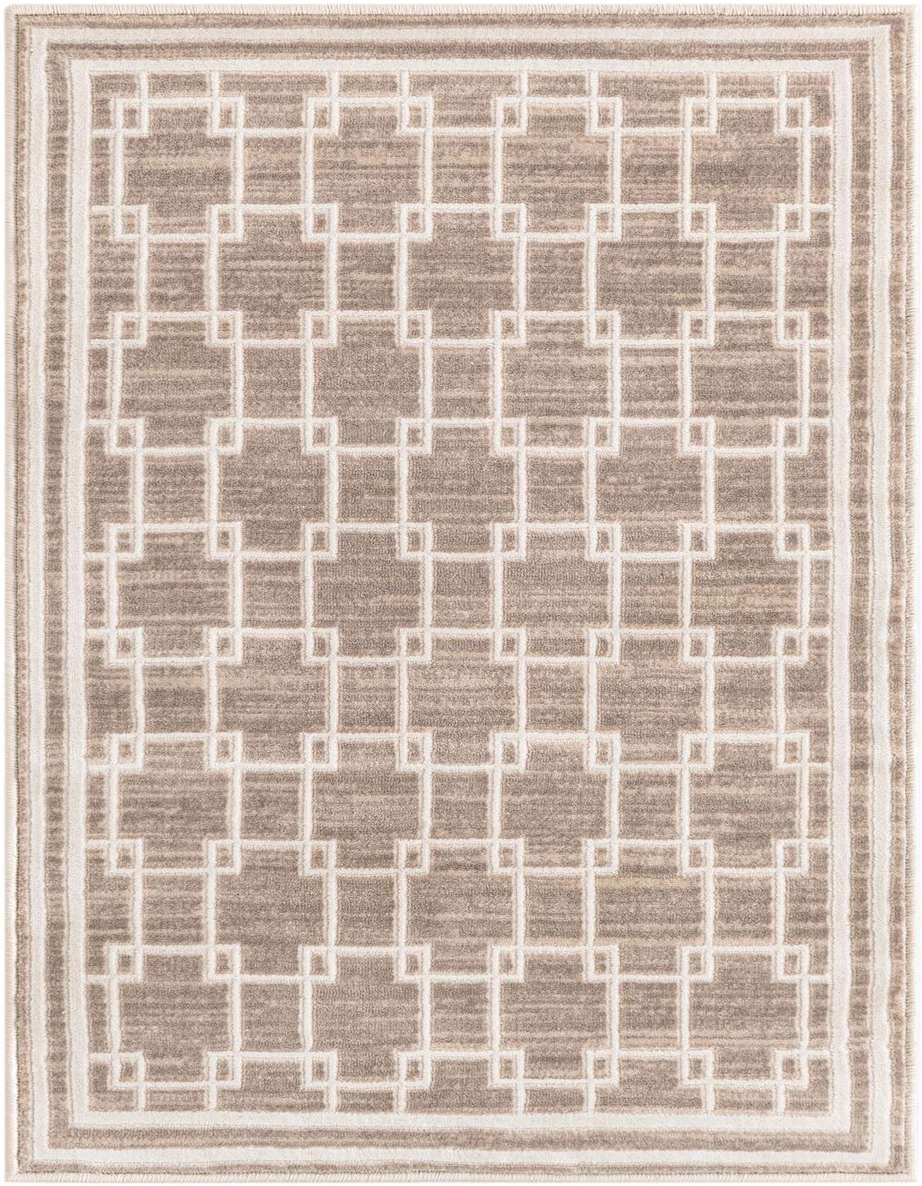 A 2x3 rectangular Uptown rug in brown and ivory, featuring a modern geometric interlocking square pattern and a thin pile.