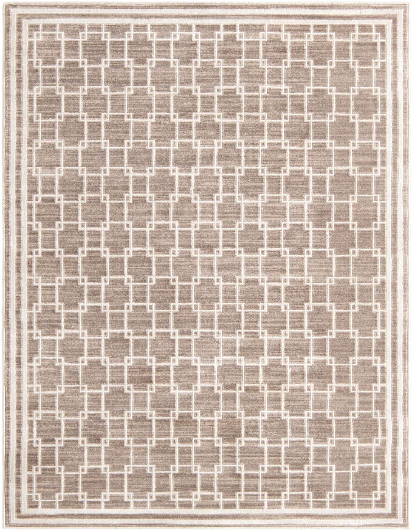 A 4x6 rectangular brown and ivory modern rug featuring a repeating geometric lattice pattern with a thin pile.