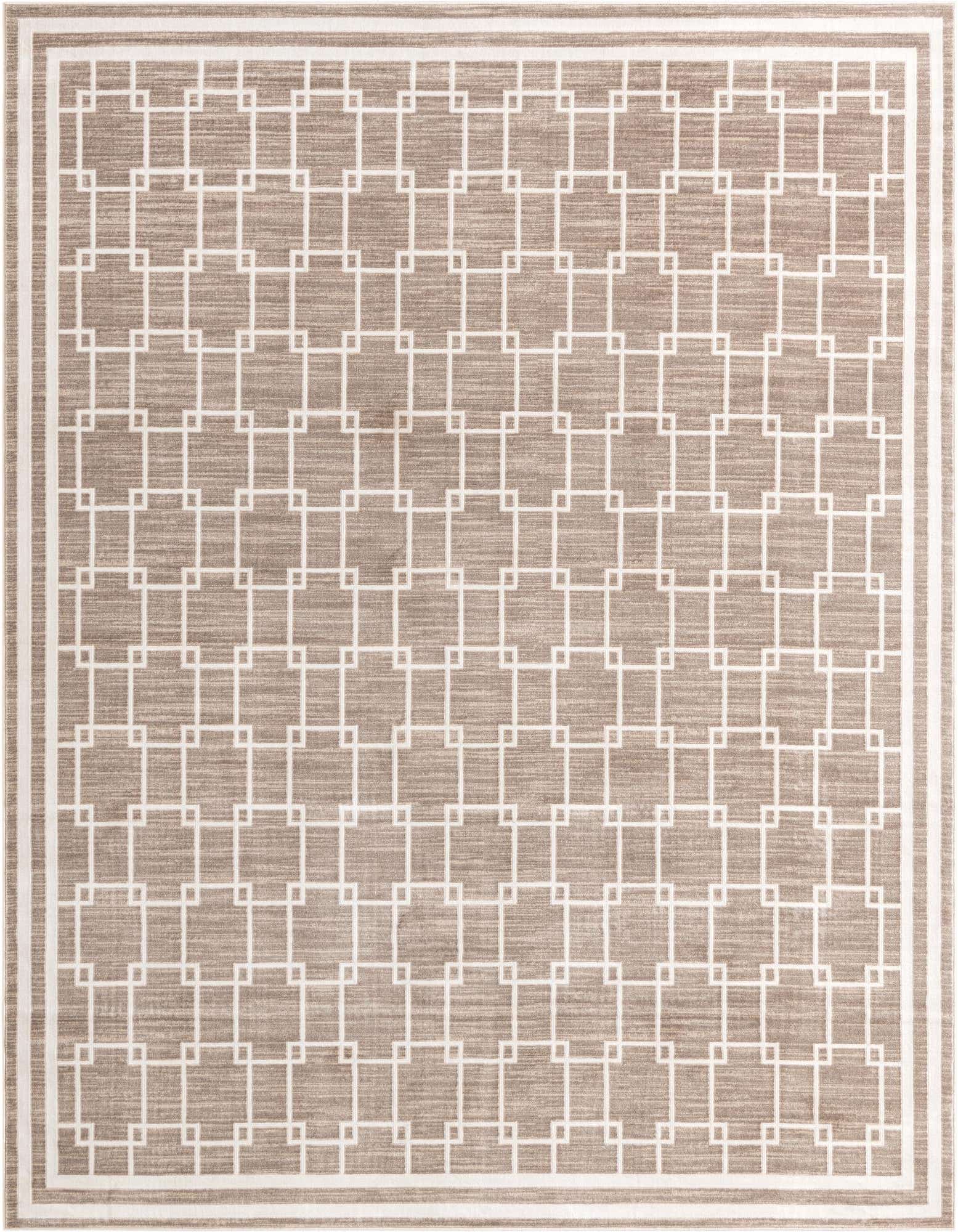 An 8x10 rectangular modern rug in shades of brown and tan with an ivory geometric interlocking square pattern and border.