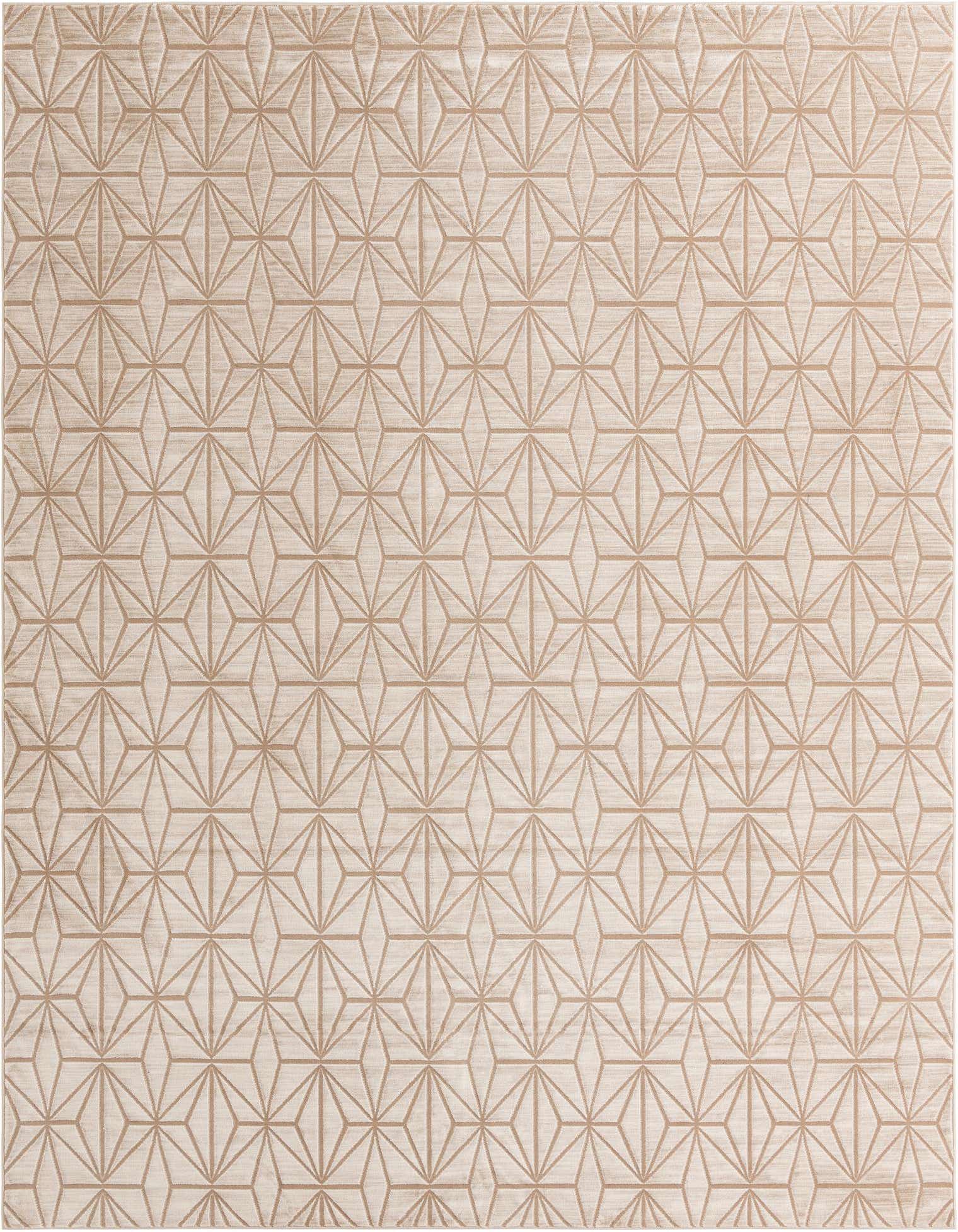 A 10x13 rectangular modern rug with a repeating geometric star pattern in shades of brown and cream.