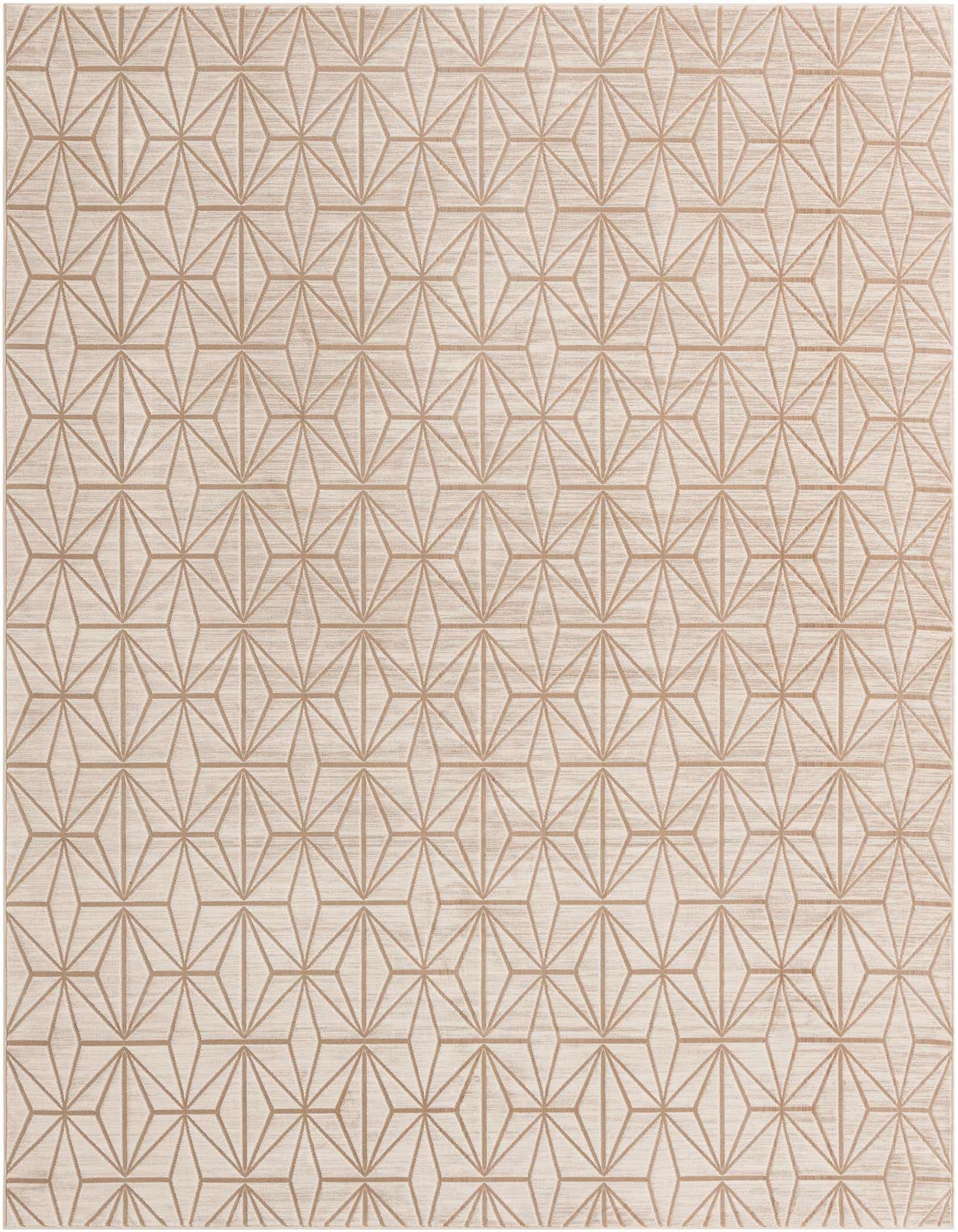 A 9x12 rectangular modern rug featuring a repeating geometric starburst pattern in light brown on a cream background.