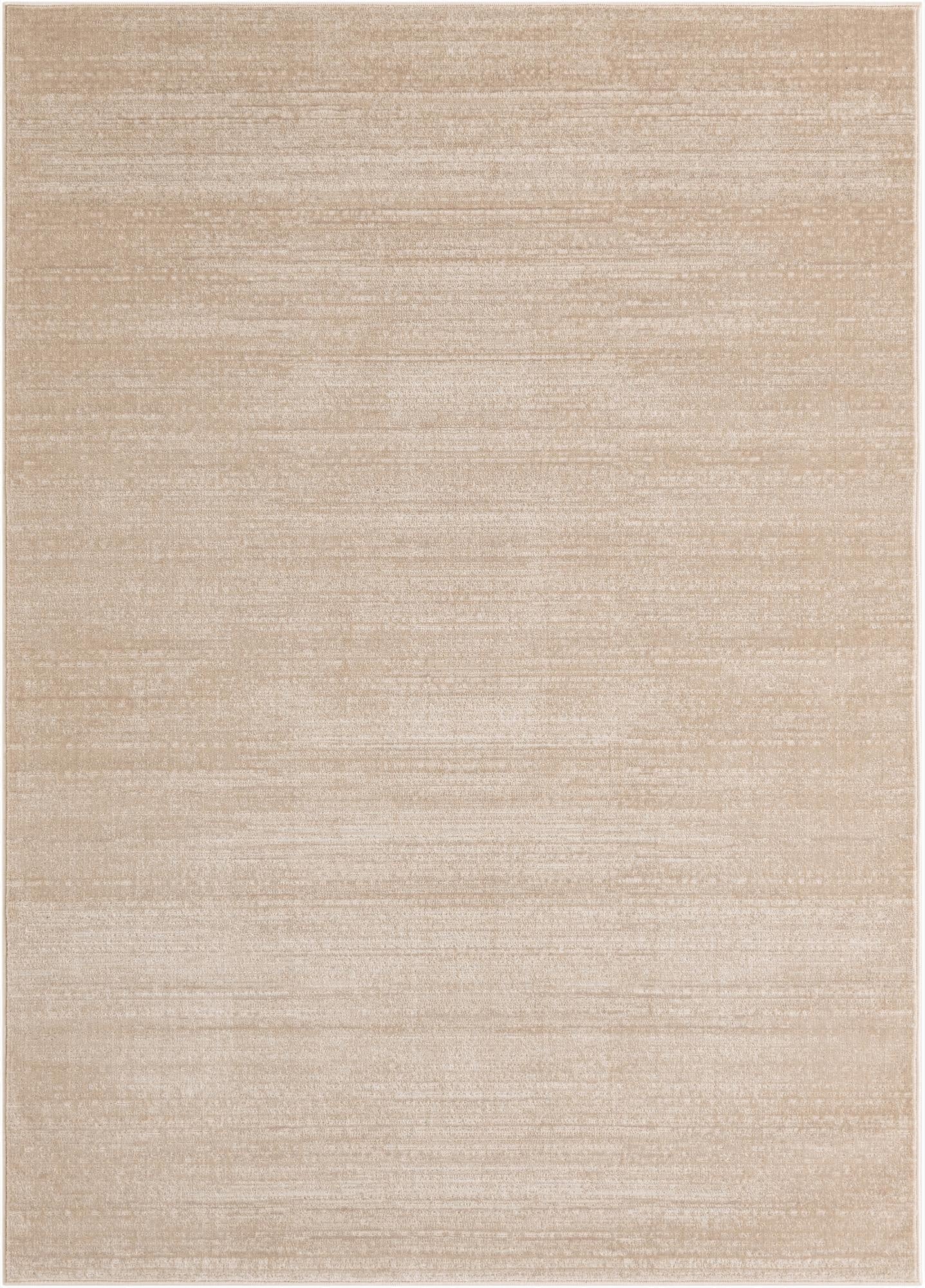 A 5x7 rectangular modern area rug with a textured pile in varying shades of tan and cream.