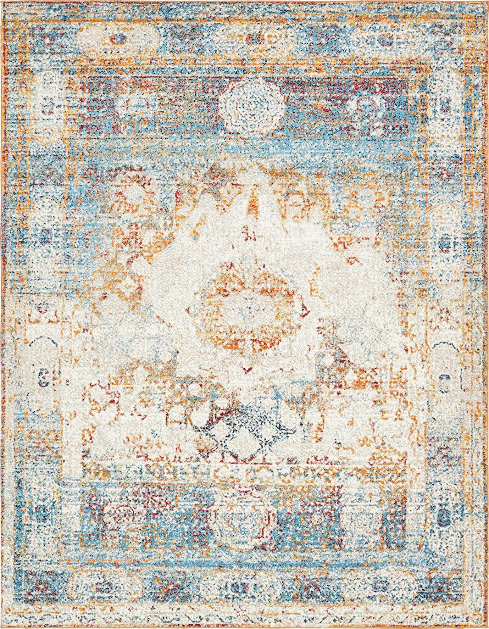 An 8x10 rectangular area rug with a distressed medallion pattern in cream, tan, blue, and rust tones.