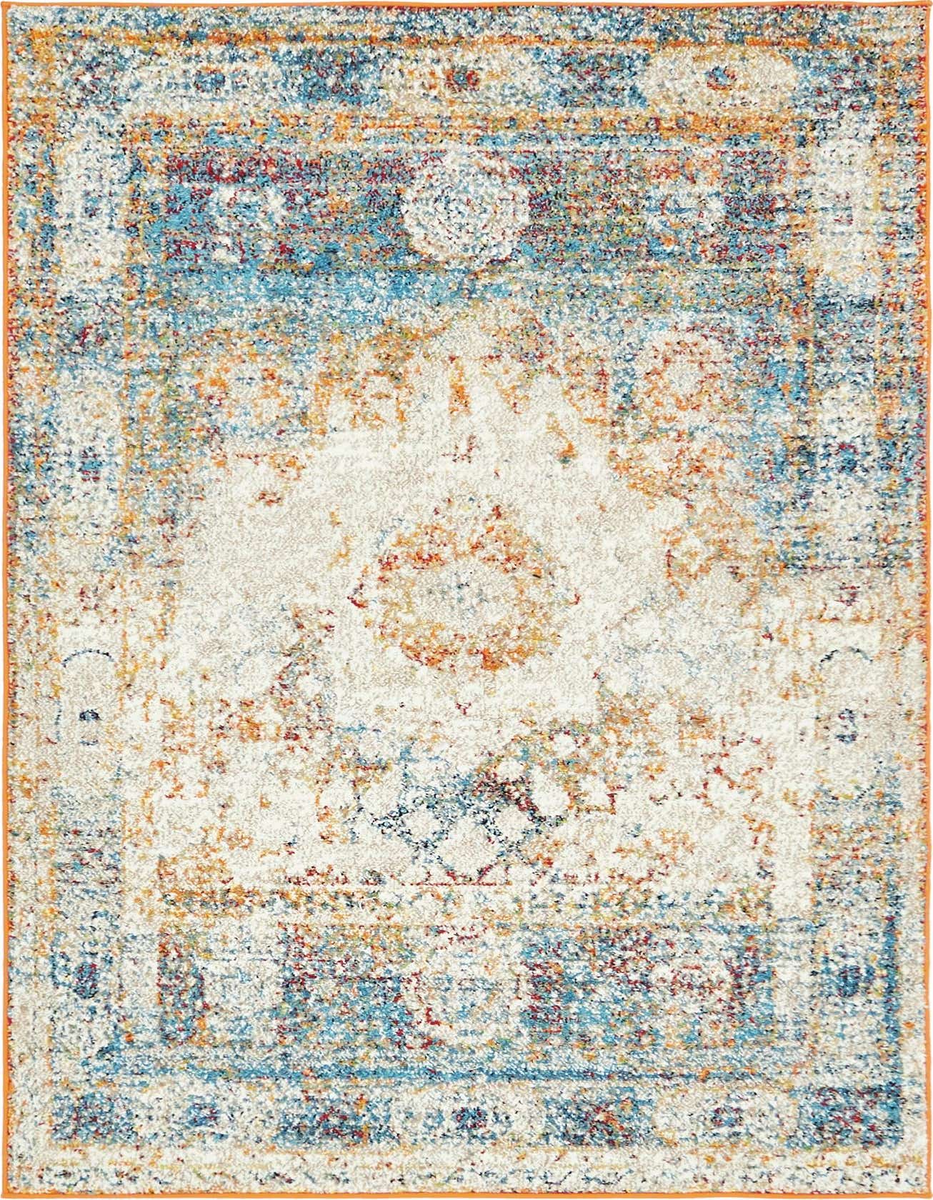 A 4x6 rectangular Veneto rug featuring a distressed medallion pattern in ivory, blue, orange, and brown tones.