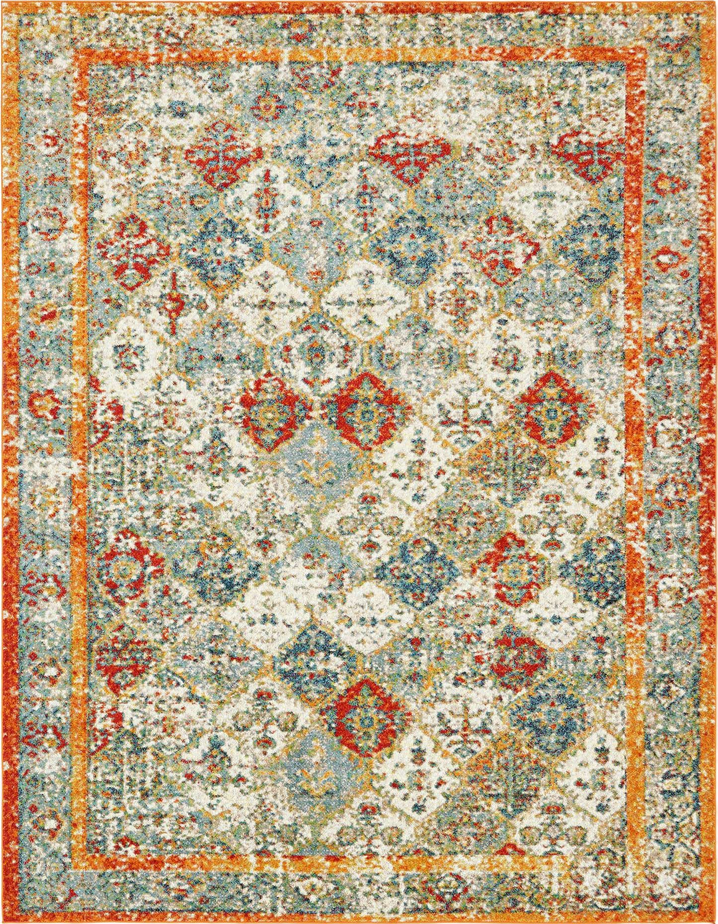 A rectangular 9x12 Rugs.com Veneto rug featuring an eclectic trellis pattern in browns, creams, blues, and reds with an orange border.