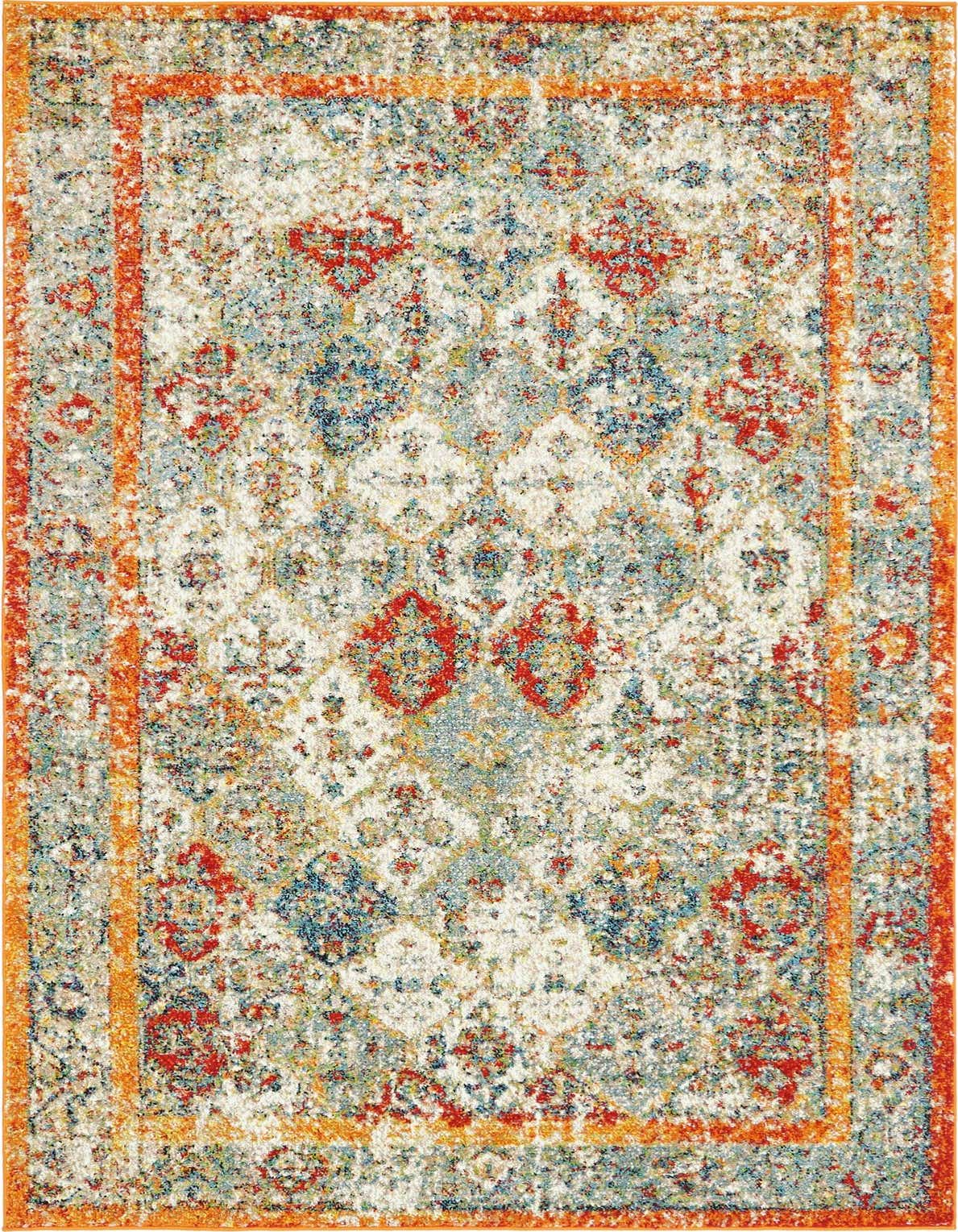 A 5x8 rectangular Veneto rug featuring a distressed traditional pattern in ivory, cream, brown, blue, and red with an orange border.