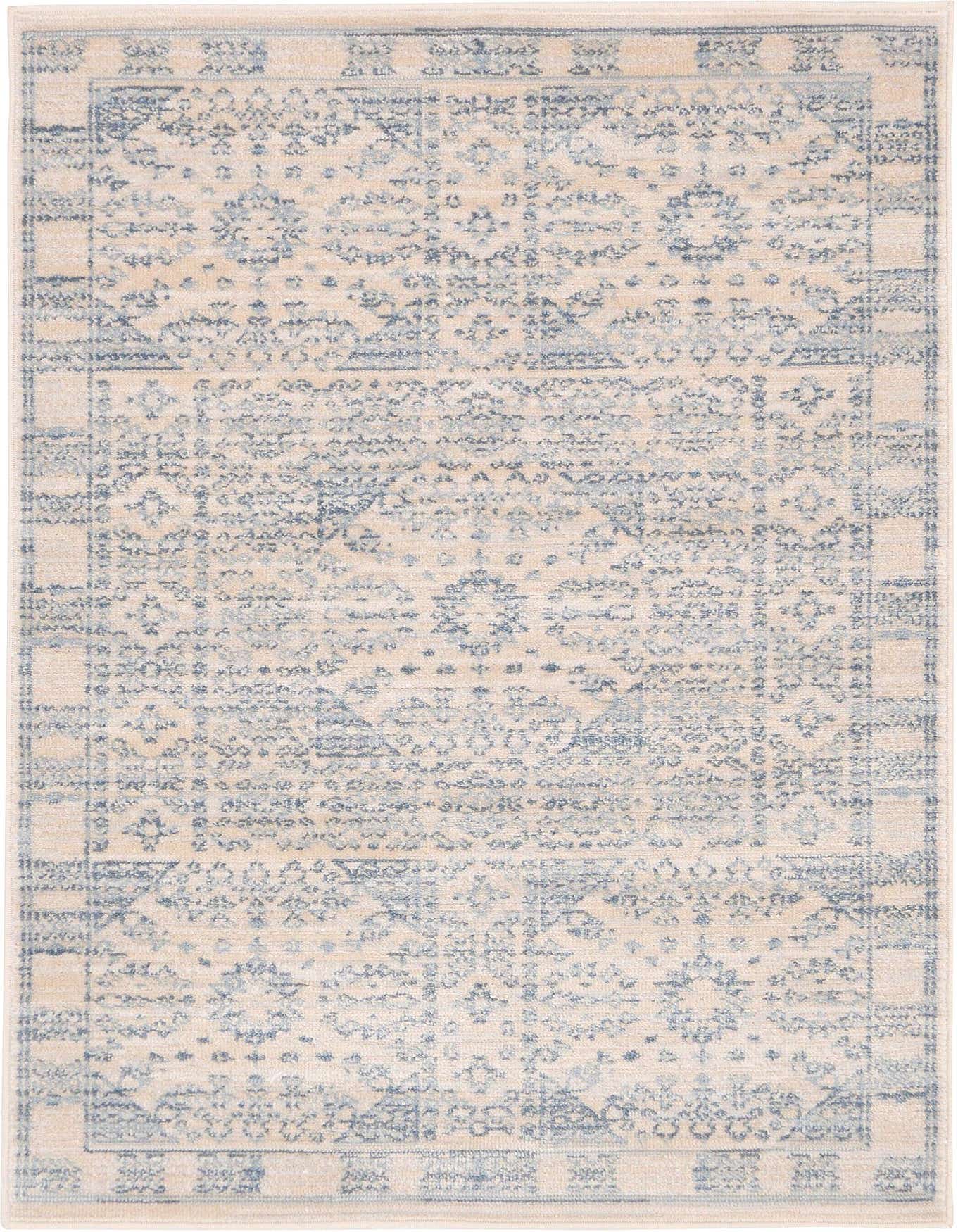 A 2x3 rectangular Rugs.com Victoria rug featuring a distressed medallion and border pattern in light blue and cream.