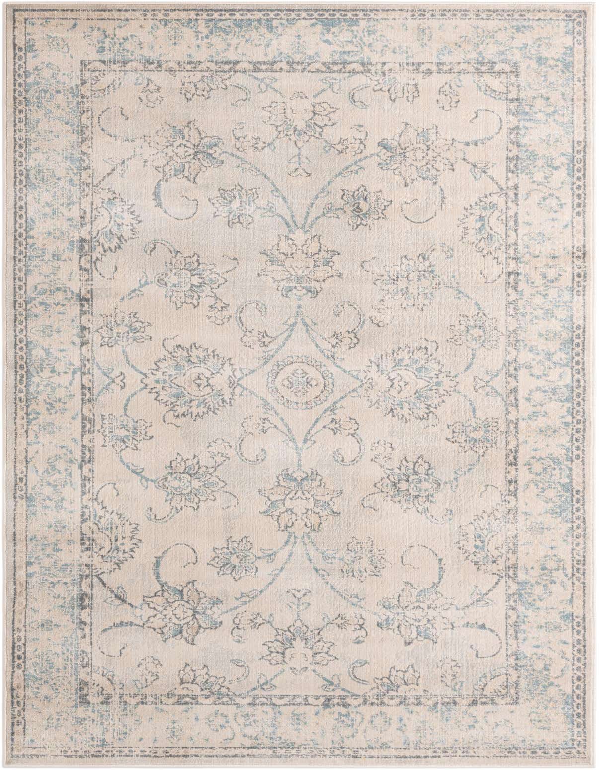 A 5x8 rectangular Victoria Collection rug in cream and light blue with a distressed traditional botanical pattern, ideal for a living room.