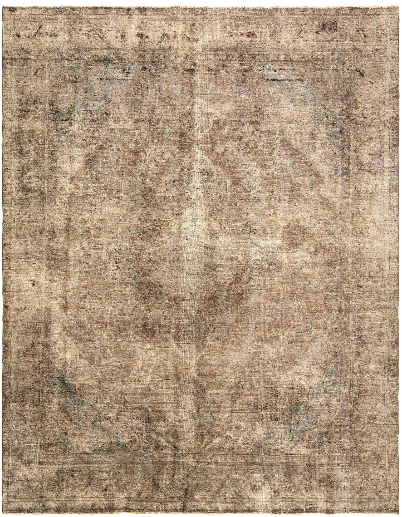 A large 10x12 rectangular Vintage Royal Persian rug in distressed browns, tans, and ivories, featuring an intricate traditional pattern.