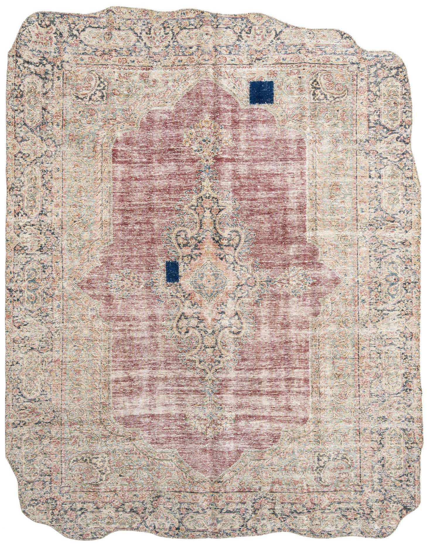 An 8x11 rectangular Persian rug with a faded maroon central medallion and intricate floral patterns in cream, brown, and blue.