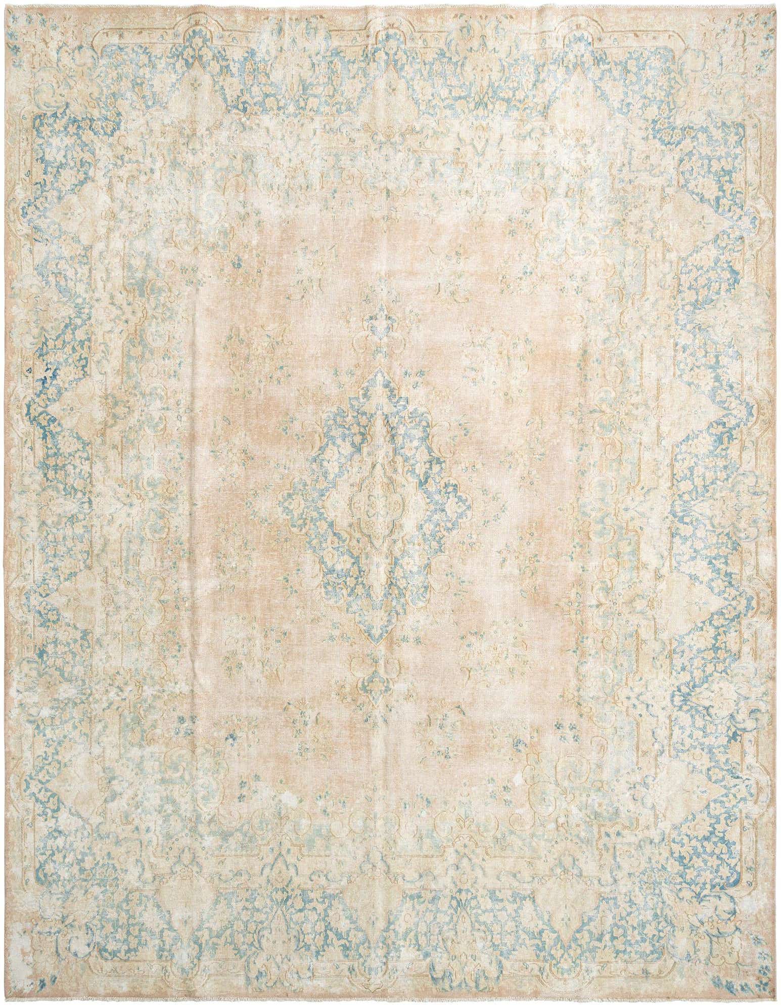 A 10x13 rectangular Persian-style wool rug with a distressed brown and ivory background and light blue intricate floral patterns.