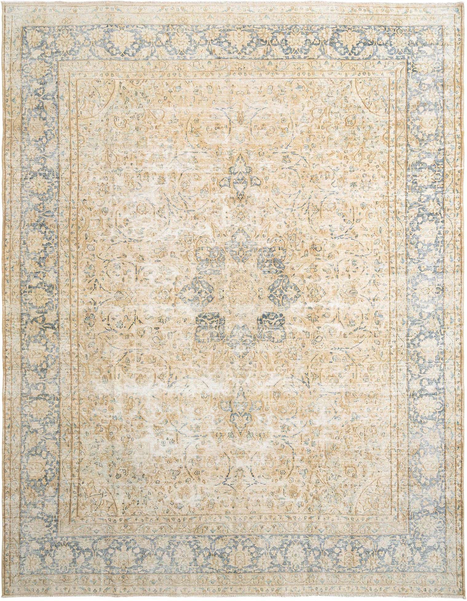 A 10x13 rectangular Persian rug in browns, tans, and ivories, featuring a distressed floral medallion pattern and an ornate border.